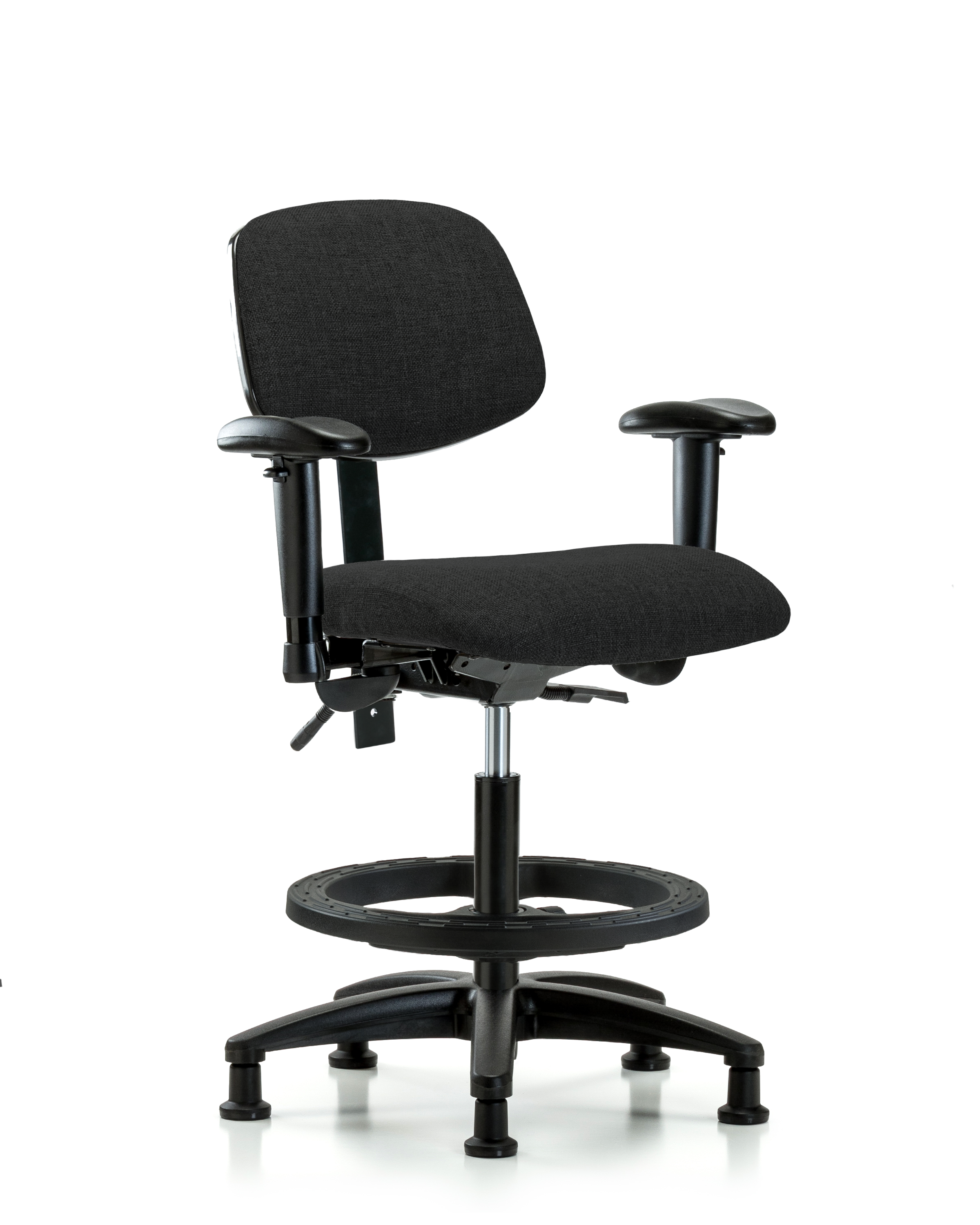 Rutledge Fabric Chair - Medium Bench Height with Seat Tilt, Adjustable Arms, Black Foot Ring, & Stationary Glides in Black Fabric