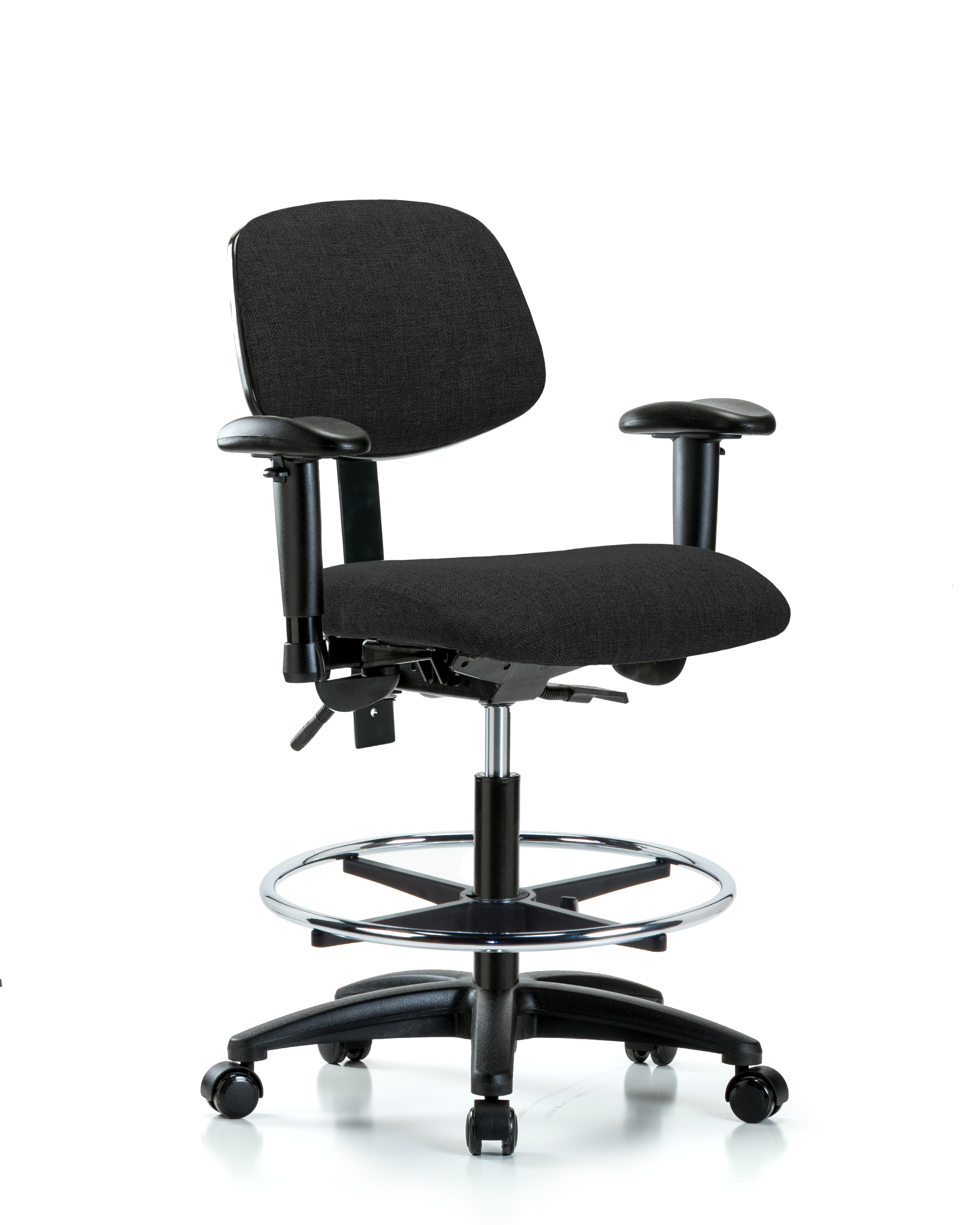 Rutledge Fabric Chair - Medium Bench Height with Seat Tilt, Adjustable Arms, Chrome Foot Ring, & Casters in Black Fabric