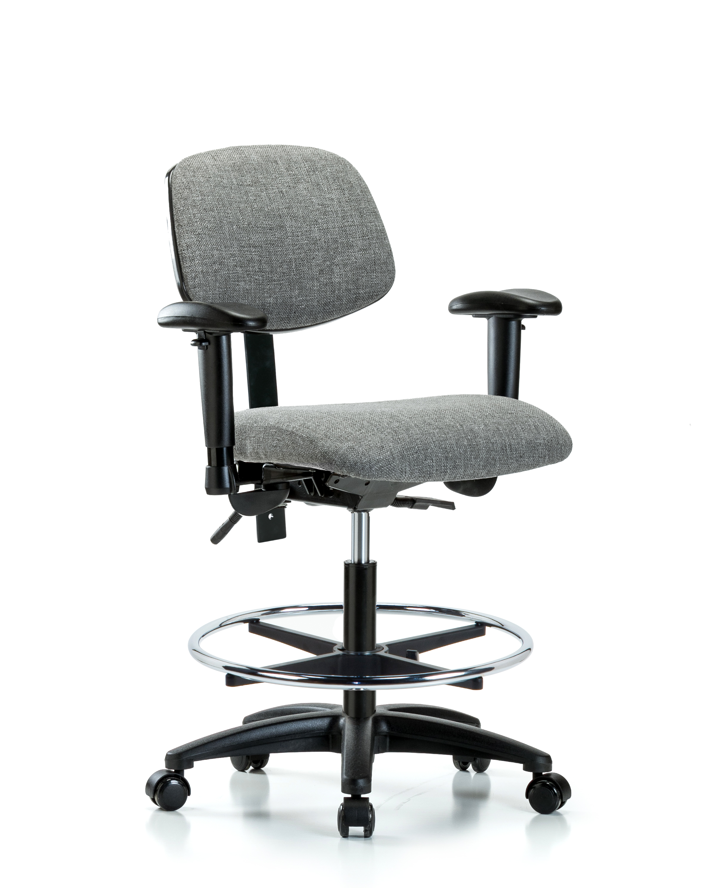Rutledge Fabric Chair - Medium Bench Height with Seat Tilt, Adjustable Arms, Chrome Foot Ring, & Casters in Gray Fabric