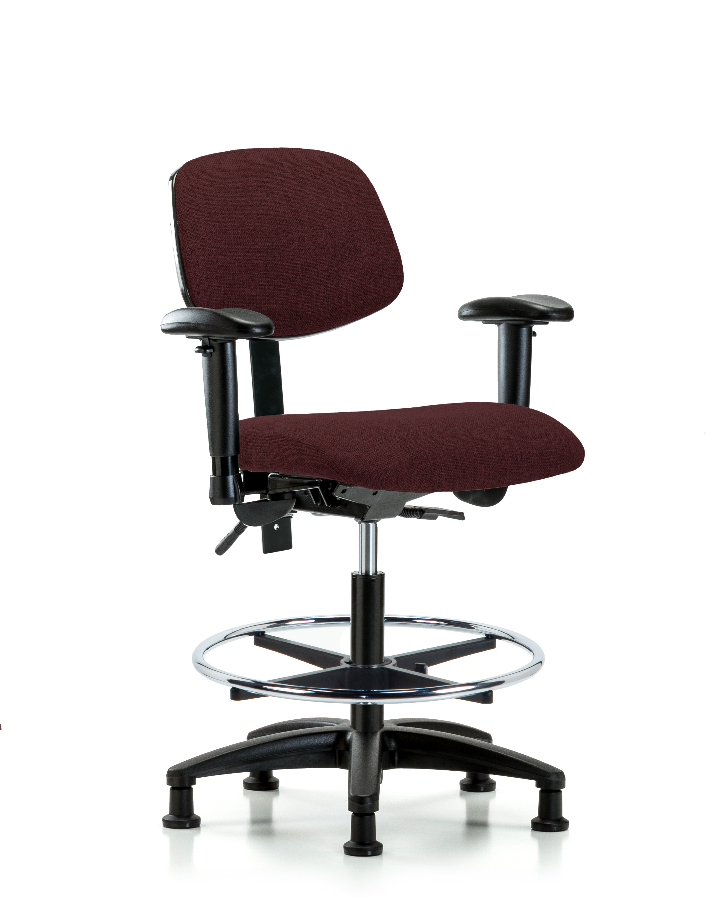 Rutledge Fabric Chair - Medium Bench Height with Seat Tilt, Adjustable Arms, Chrome Foot Ring, & Stationary Glides in Burgundy Fabric