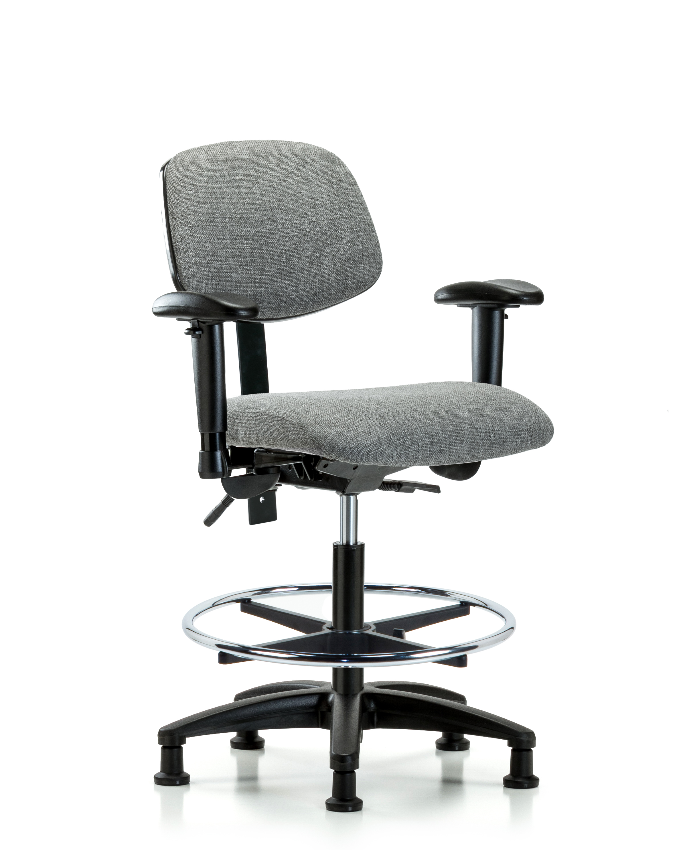 Rutledge Fabric Chair - Medium Bench Height with Seat Tilt, Adjustable Arms, Chrome Foot Ring, & Stationary Glides in Gray Fabric