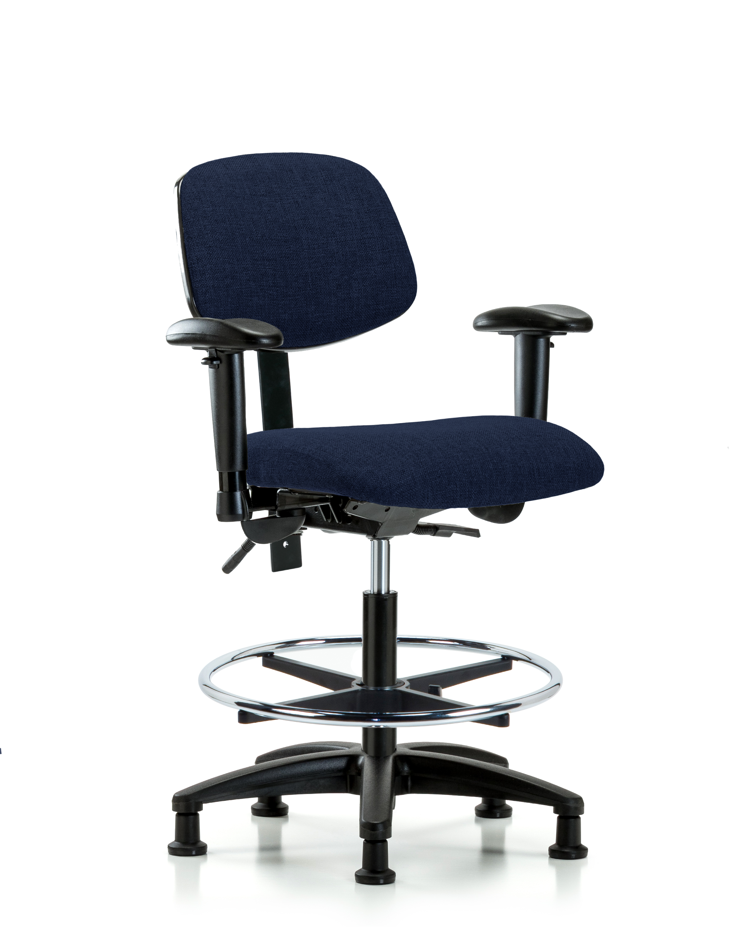 Rutledge Fabric Chair - Medium Bench Height with Seat Tilt, Adjustable Arms, Chrome Foot Ring, & Stationary Glides in Navy Fabric