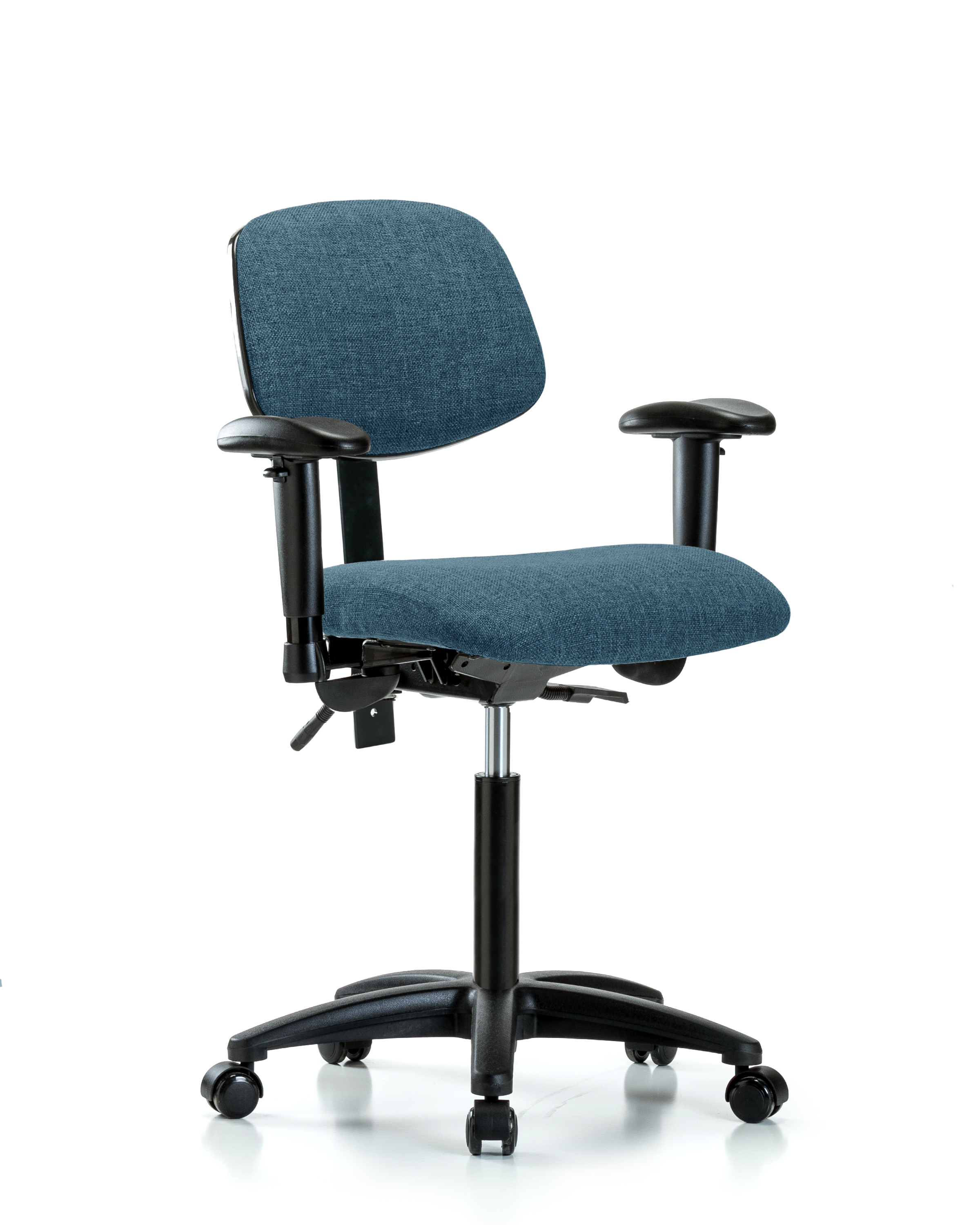 Rutledge Fabric Chair - Medium Bench Height with Seat Tilt, Adjustable Arms, & Casters in Blue Fabric