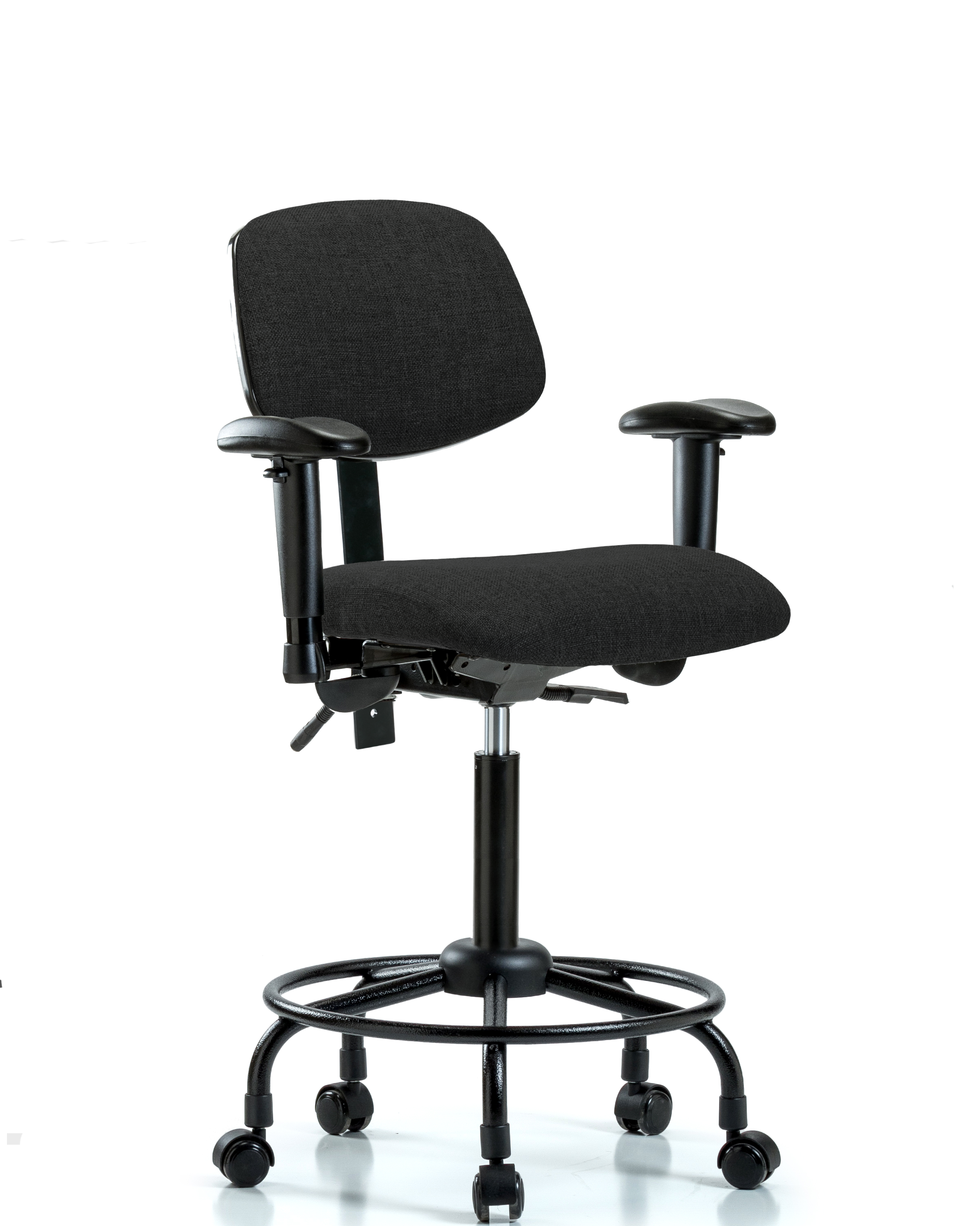 Rutledge Fabric Chair - Medium Bench Height with Round Tube Base, Seat Tilt, Adjustable Arms, & Casters in Black Fabric