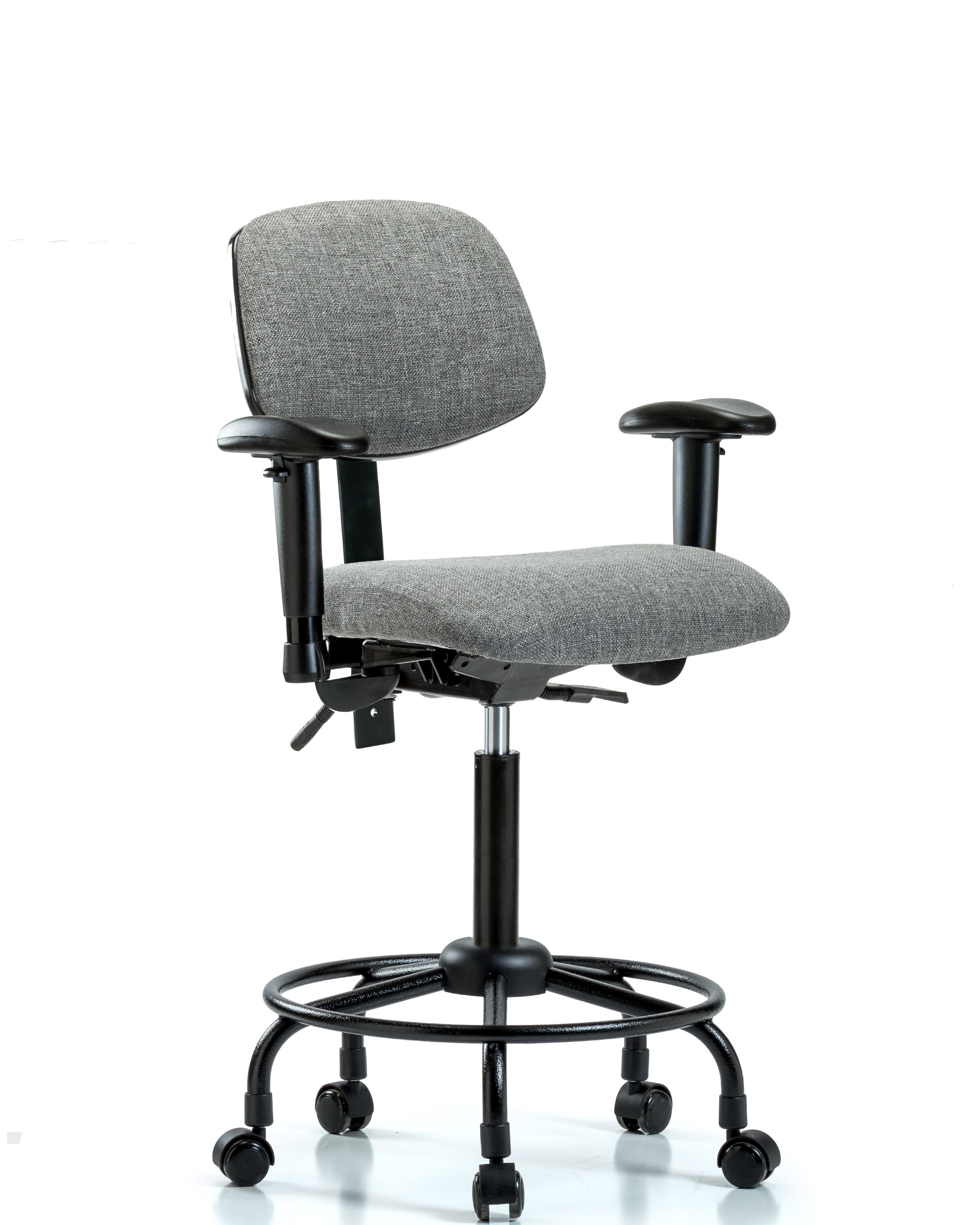 Rutledge Fabric Chair - Medium Bench Height with Round Tube Base, Seat Tilt, Adjustable Arms, & Casters in Gray Fabric