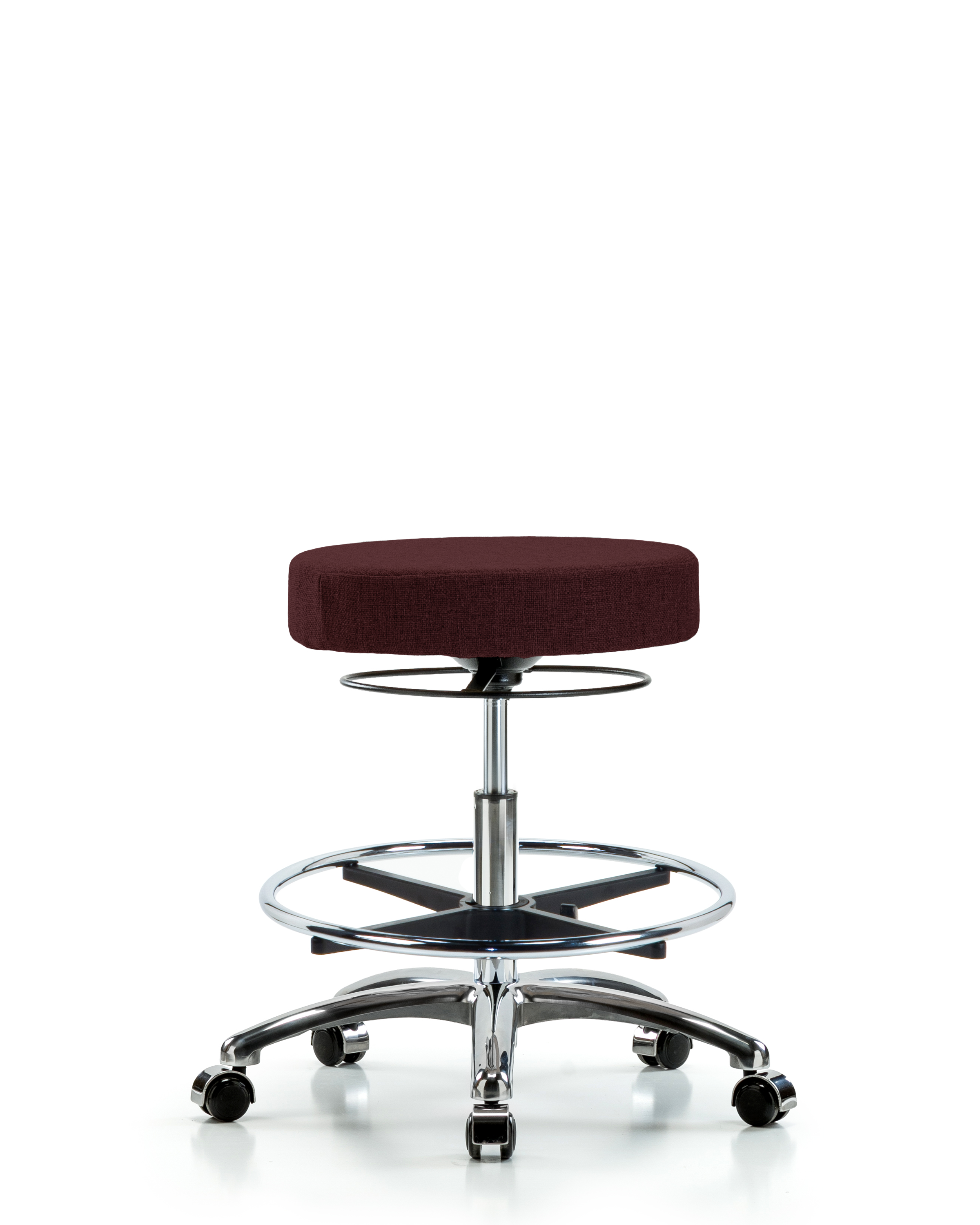 Rutledge Fabric Stool without Back Chrome - Medium Bench Height with Chrome Foot Ring & Casters in Burgundy Fabric