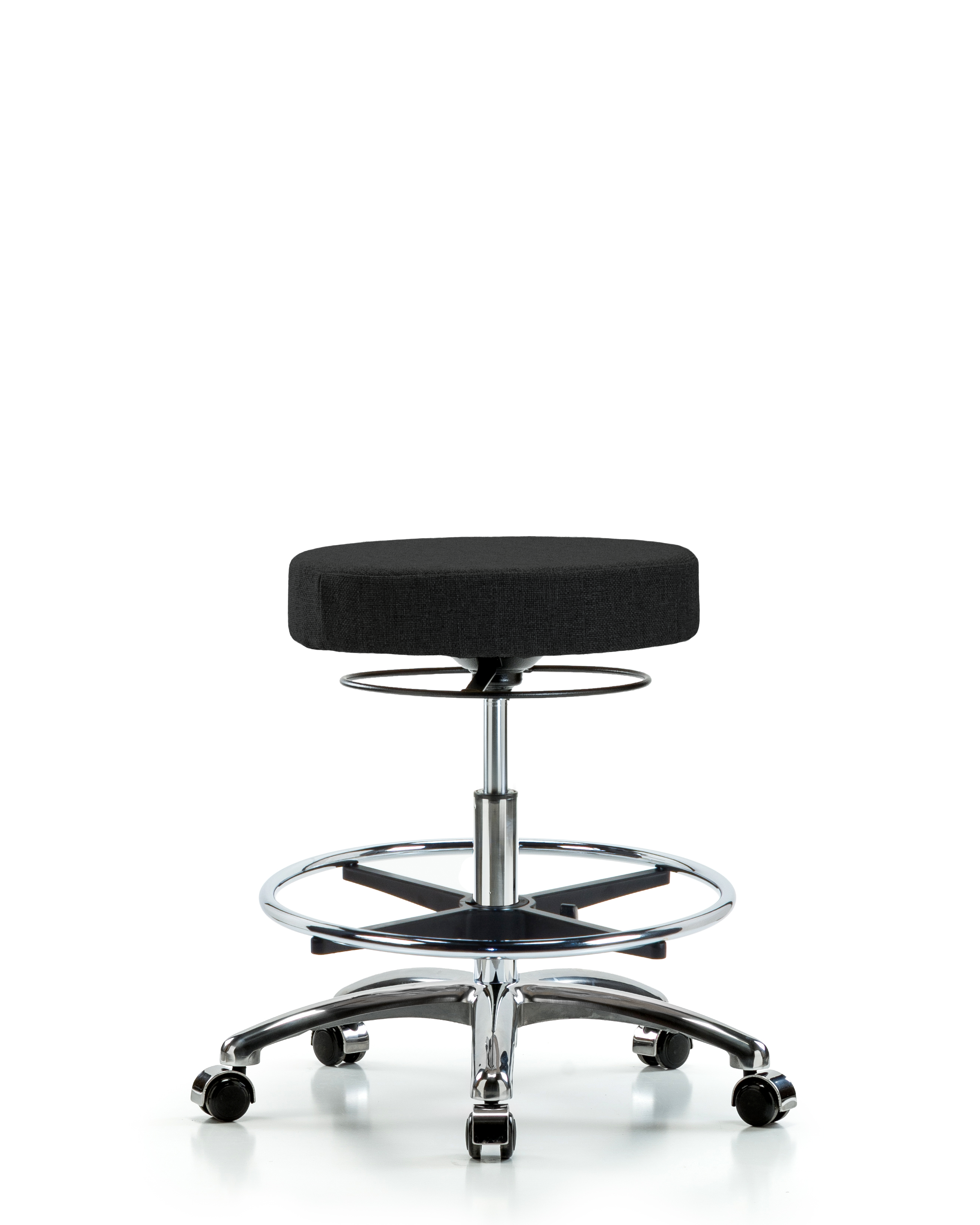 Rutledge Fabric Stool without Back Chrome - Medium Bench Height with Chrome Foot Ring & Casters in Black Fabric