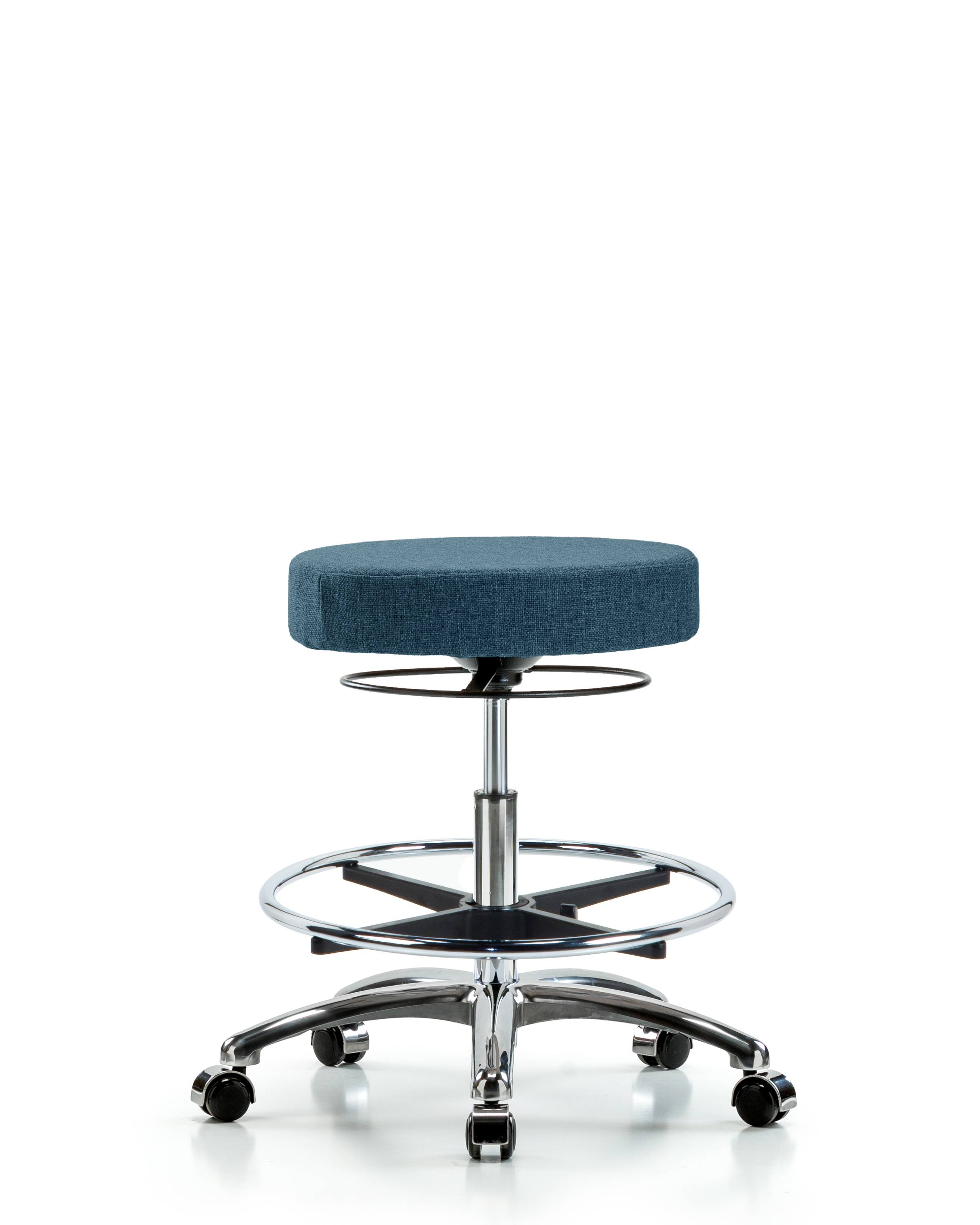 Rutledge Fabric Stool without Back Chrome - Medium Bench Height with Chrome Foot Ring & Casters in Blue Fabric