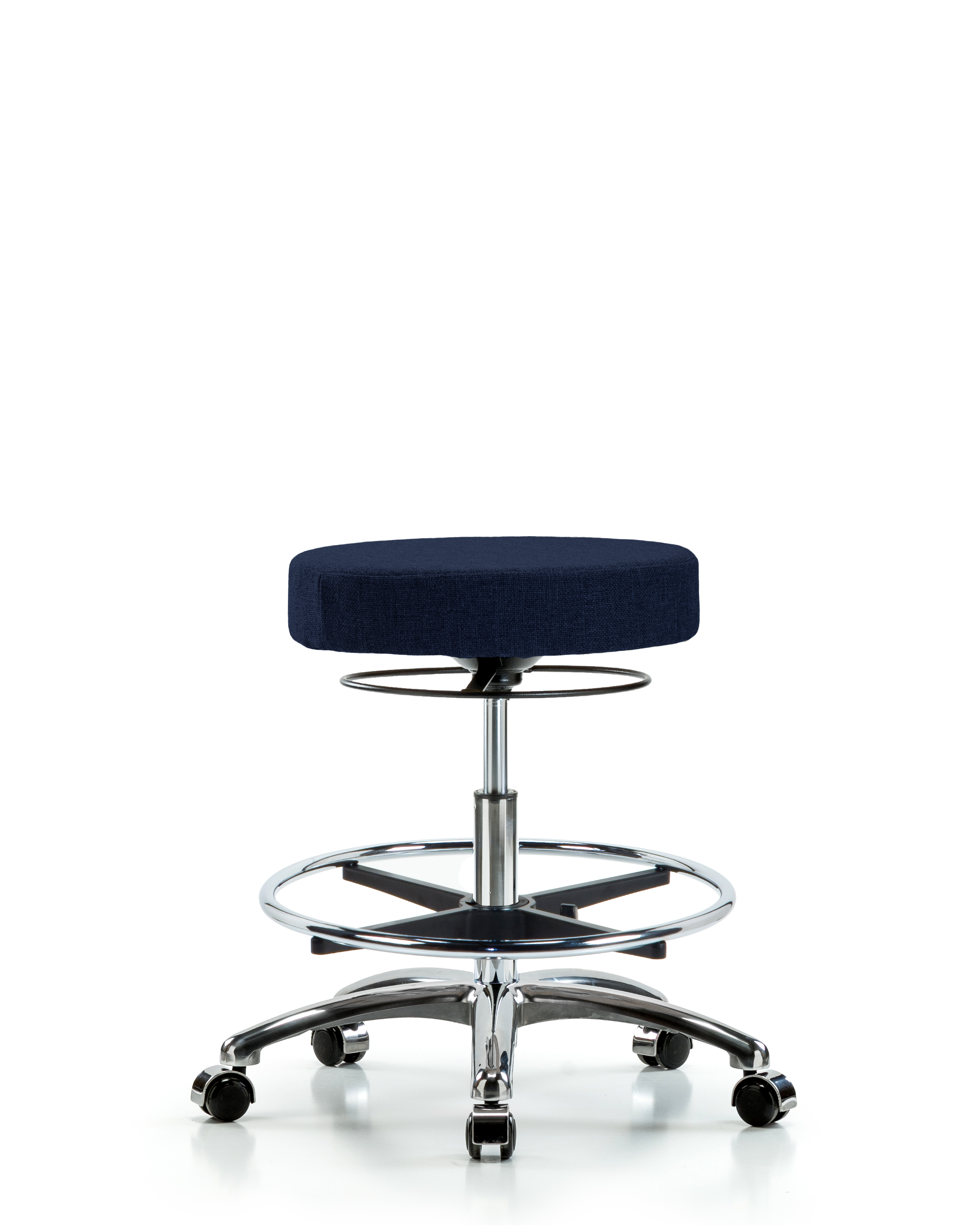 Rutledge Fabric Stool without Back Chrome - Medium Bench Height with Chrome Foot Ring & Casters in Navy Fabric