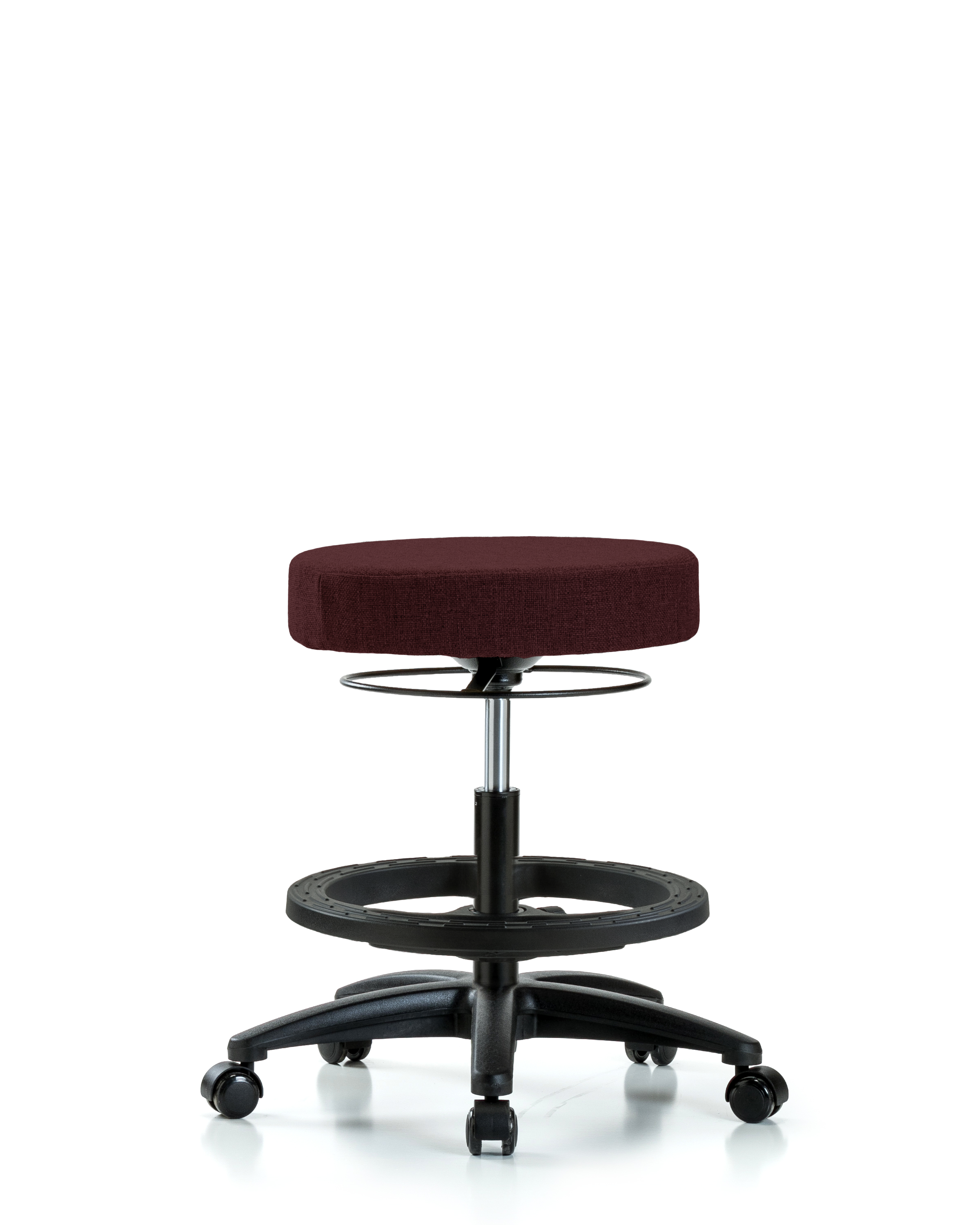 Rutledge Fabric Stool without Back - Medium Bench Height with Black Foot Ring & Casters in Burgundy Fabric