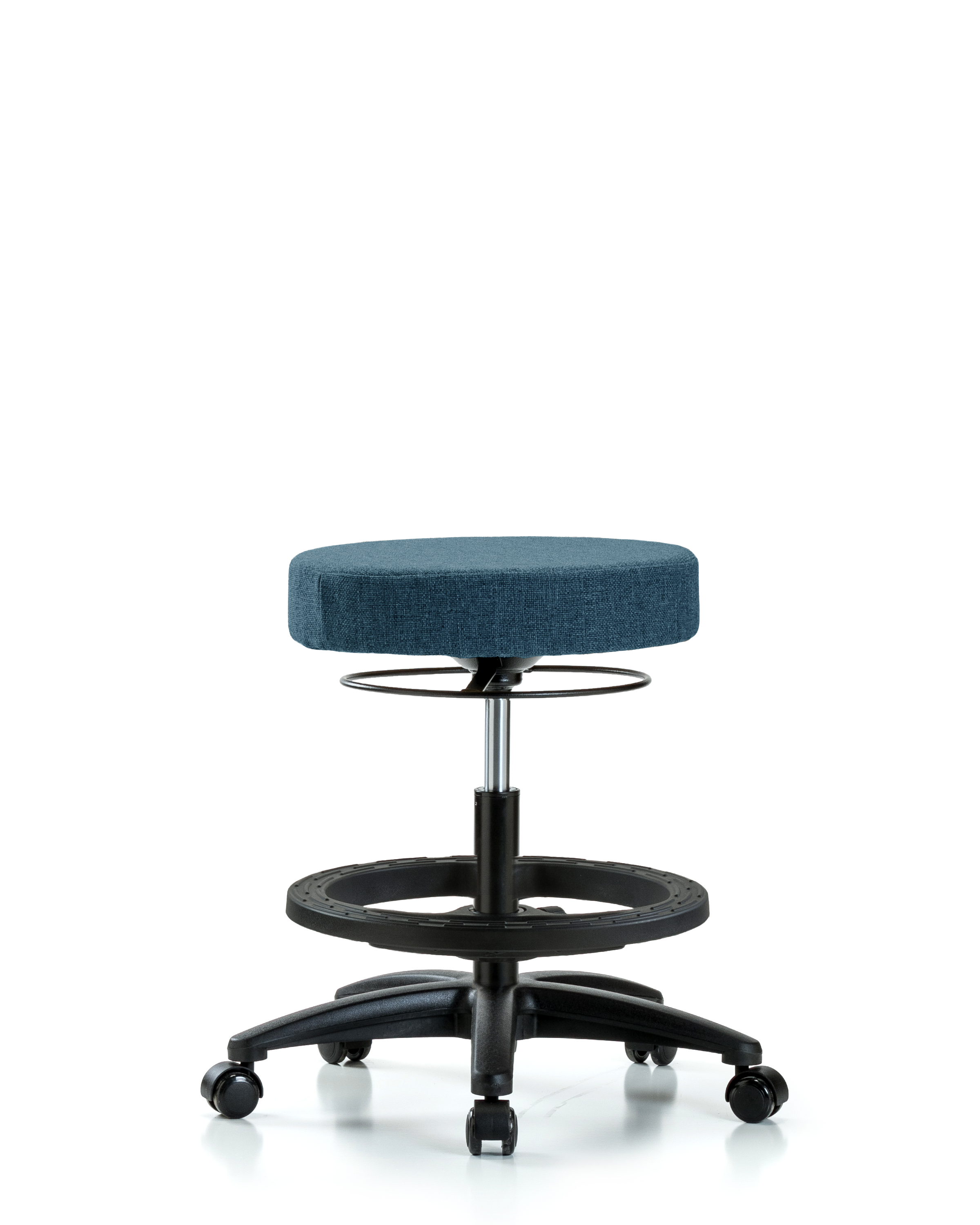 Rutledge Fabric Stool without Back - Medium Bench Height with Black Foot Ring & Casters in Blue Fabric