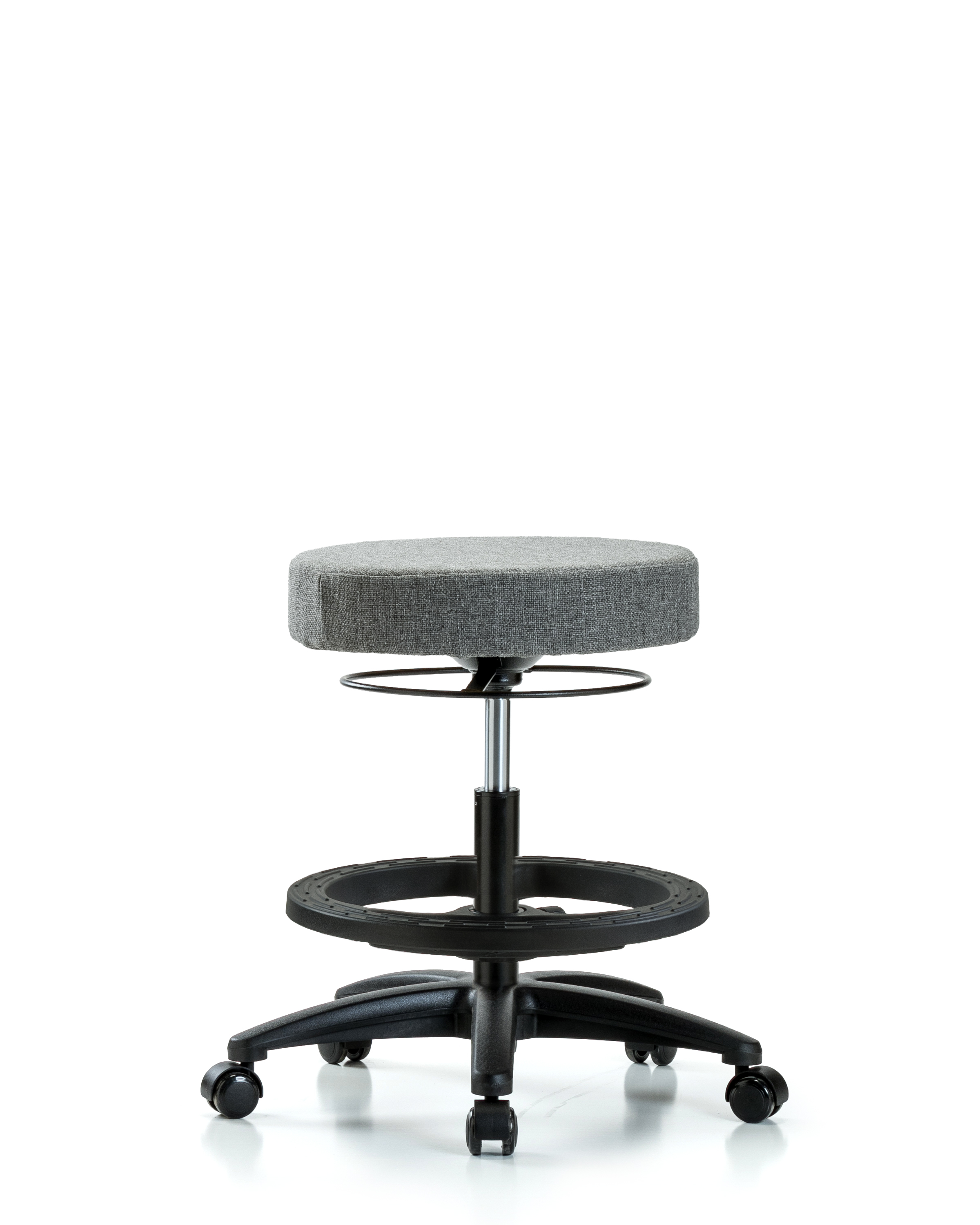 Rutledge Fabric Stool without Back - Medium Bench Height with Black Foot Ring & Casters in Gray Fabric