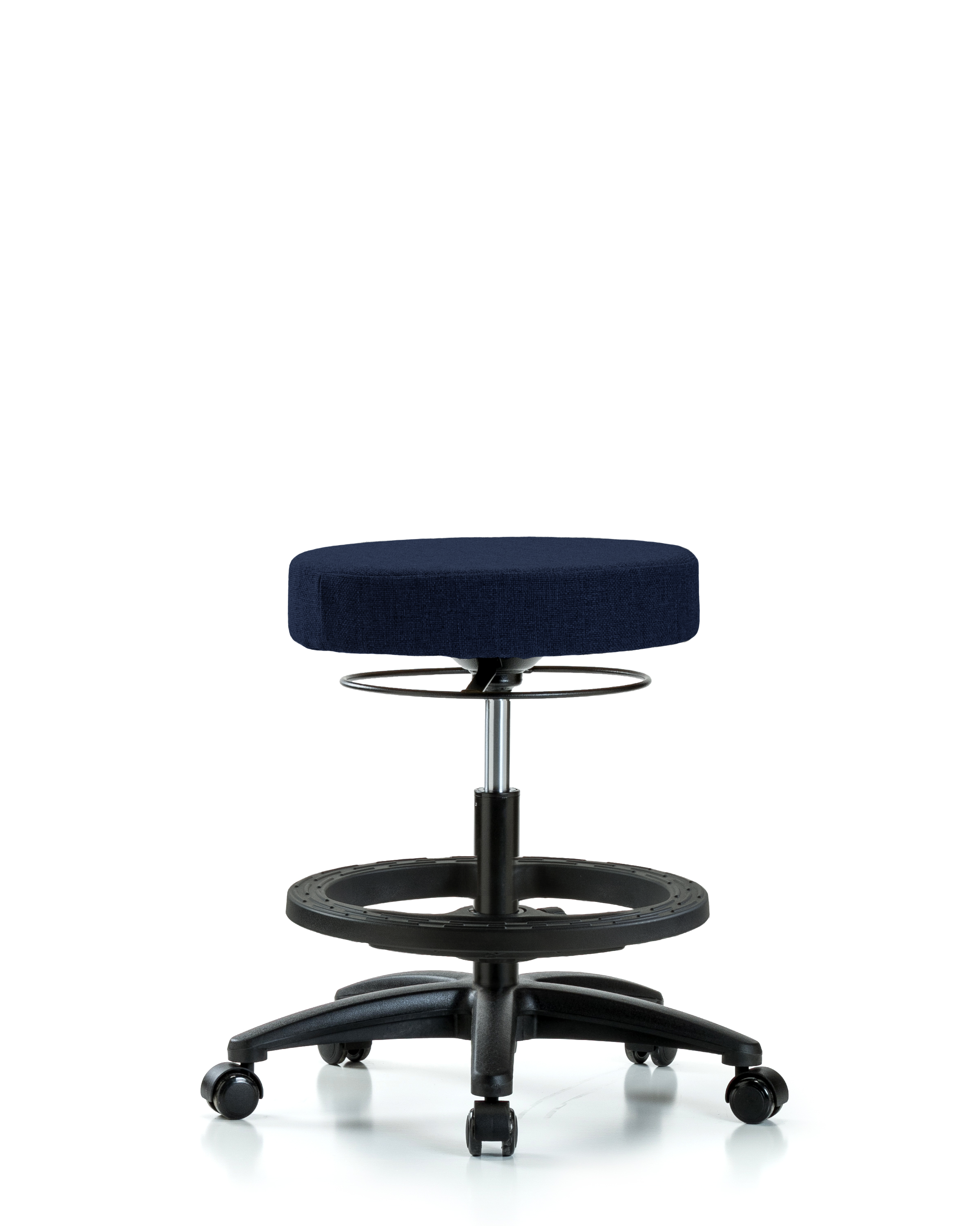 Rutledge Fabric Stool without Back - Medium Bench Height with Black Foot Ring & Casters in Navy Fabric
