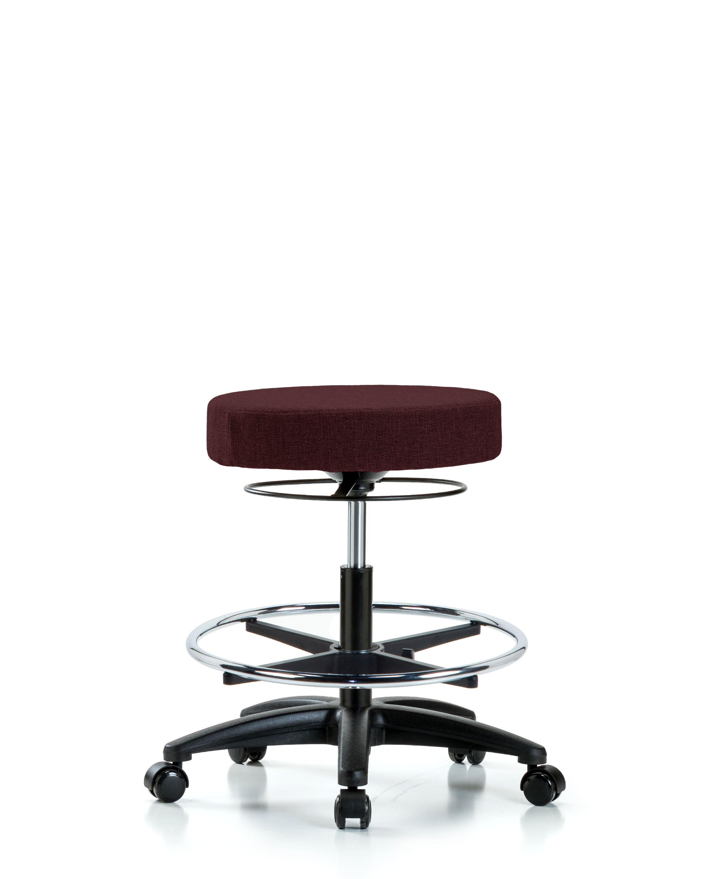 Rutledge Fabric Stool without Back - Medium Bench Height with Chrome Foot Ring & Casters in Burgundy Fabric