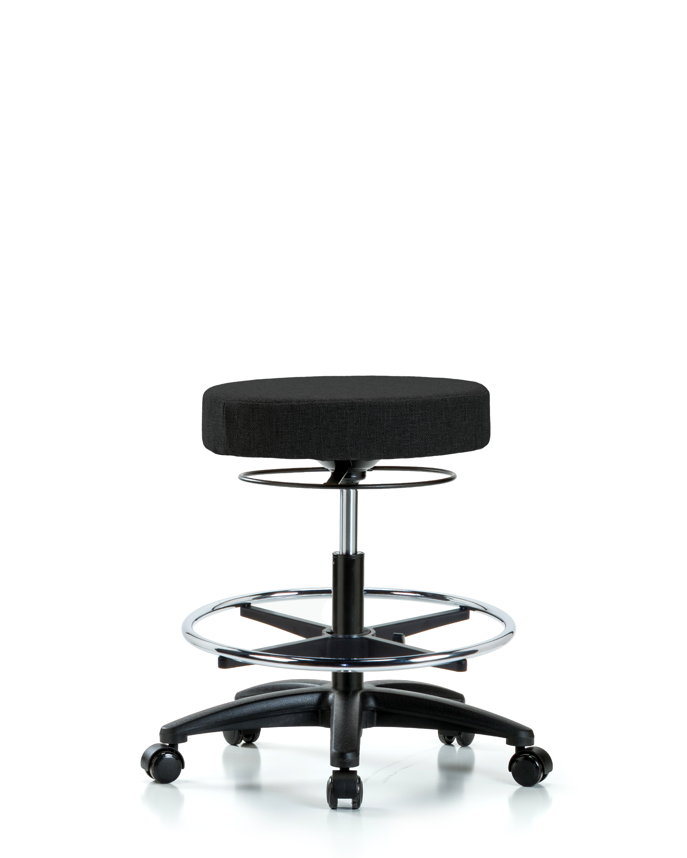 Rutledge Fabric Stool without Back - Medium Bench Height with Chrome Foot Ring & Casters in Black Fabric