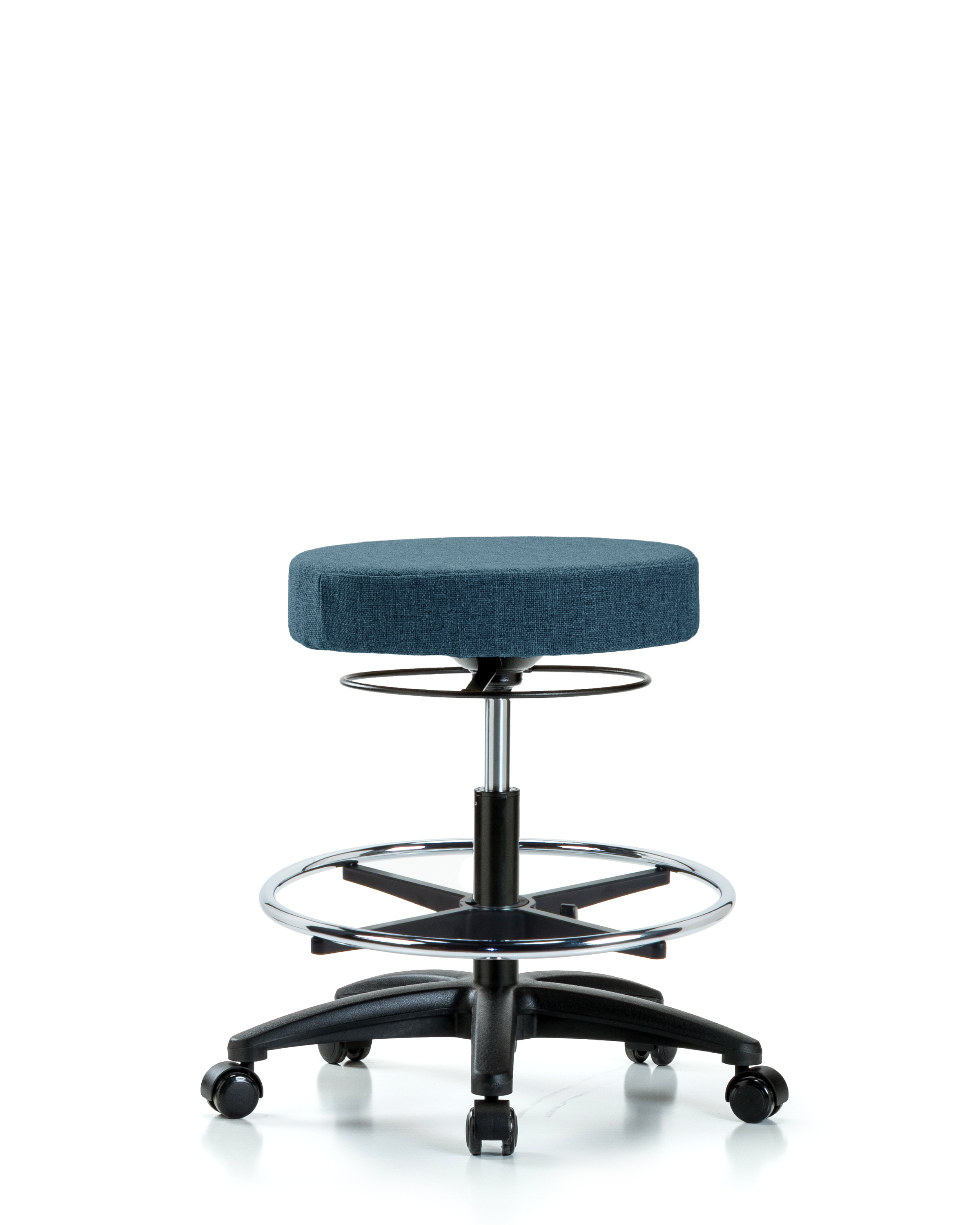 Rutledge Fabric Stool without Back - Medium Bench Height with Chrome Foot Ring & Casters in Blue Fabric