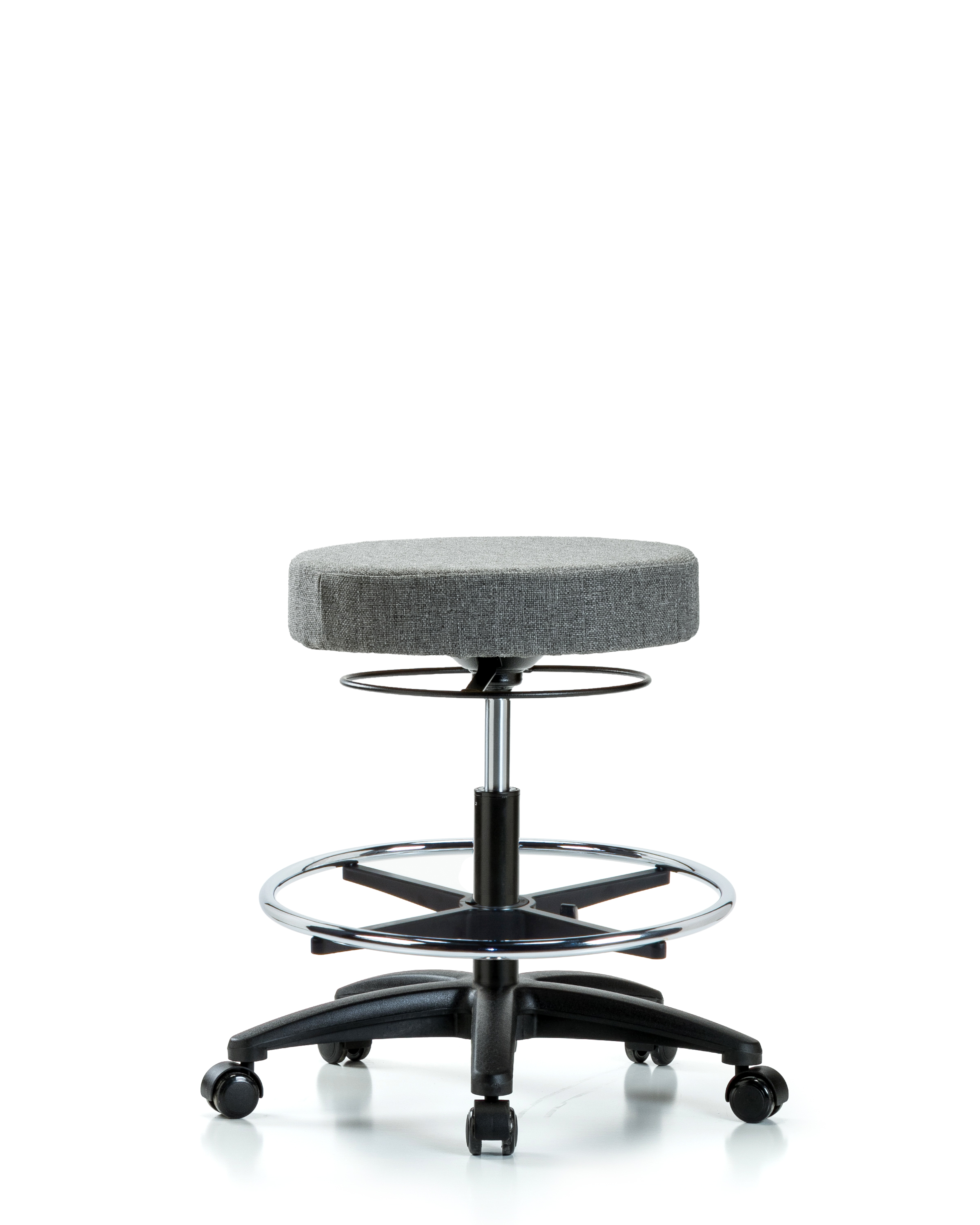 Rutledge Fabric Stool without Back - Medium Bench Height with Chrome Foot Ring & Casters in Gray Fabric