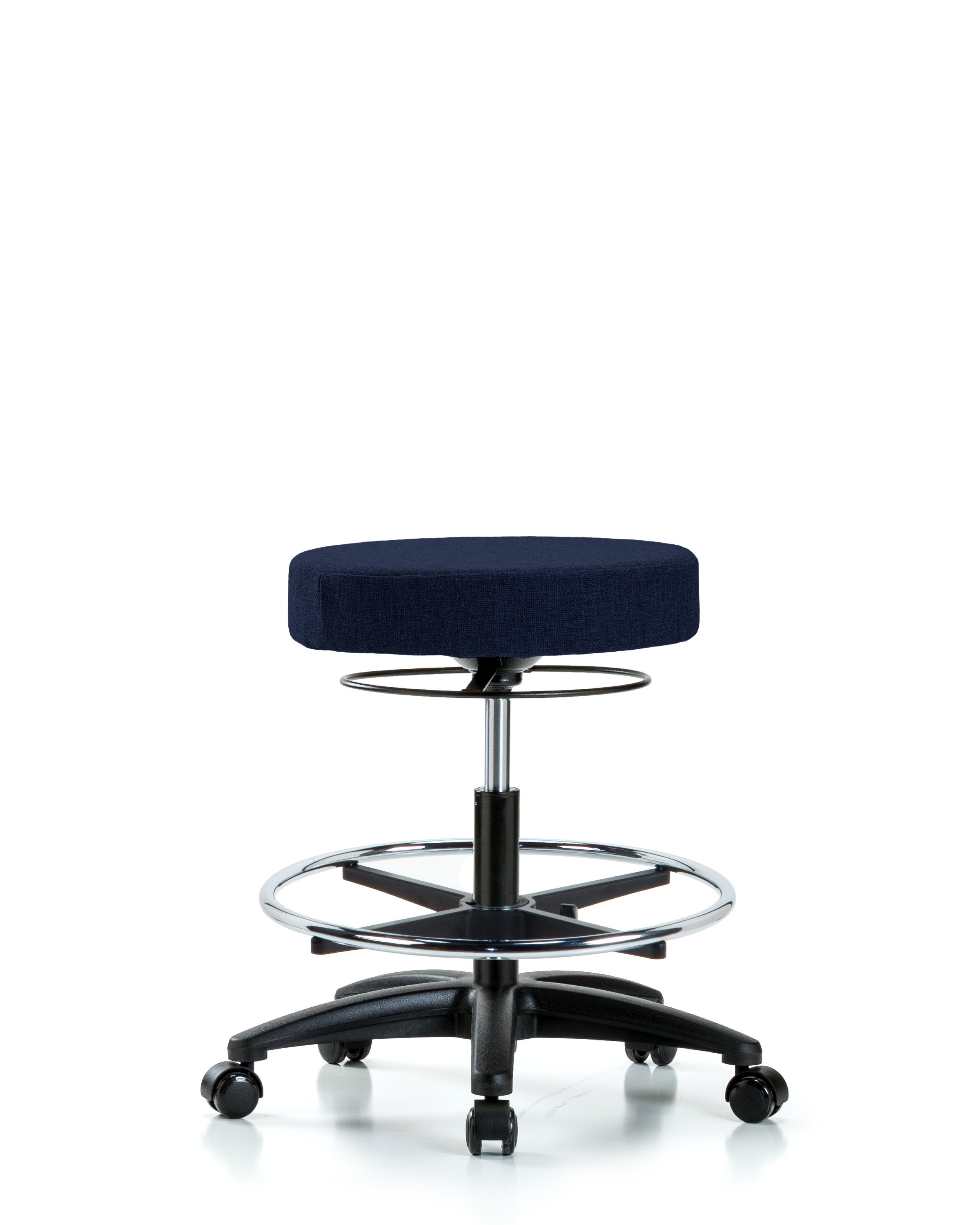 Rutledge Fabric Stool without Back - Medium Bench Height with Chrome Foot Ring & Casters in Navy Fabric