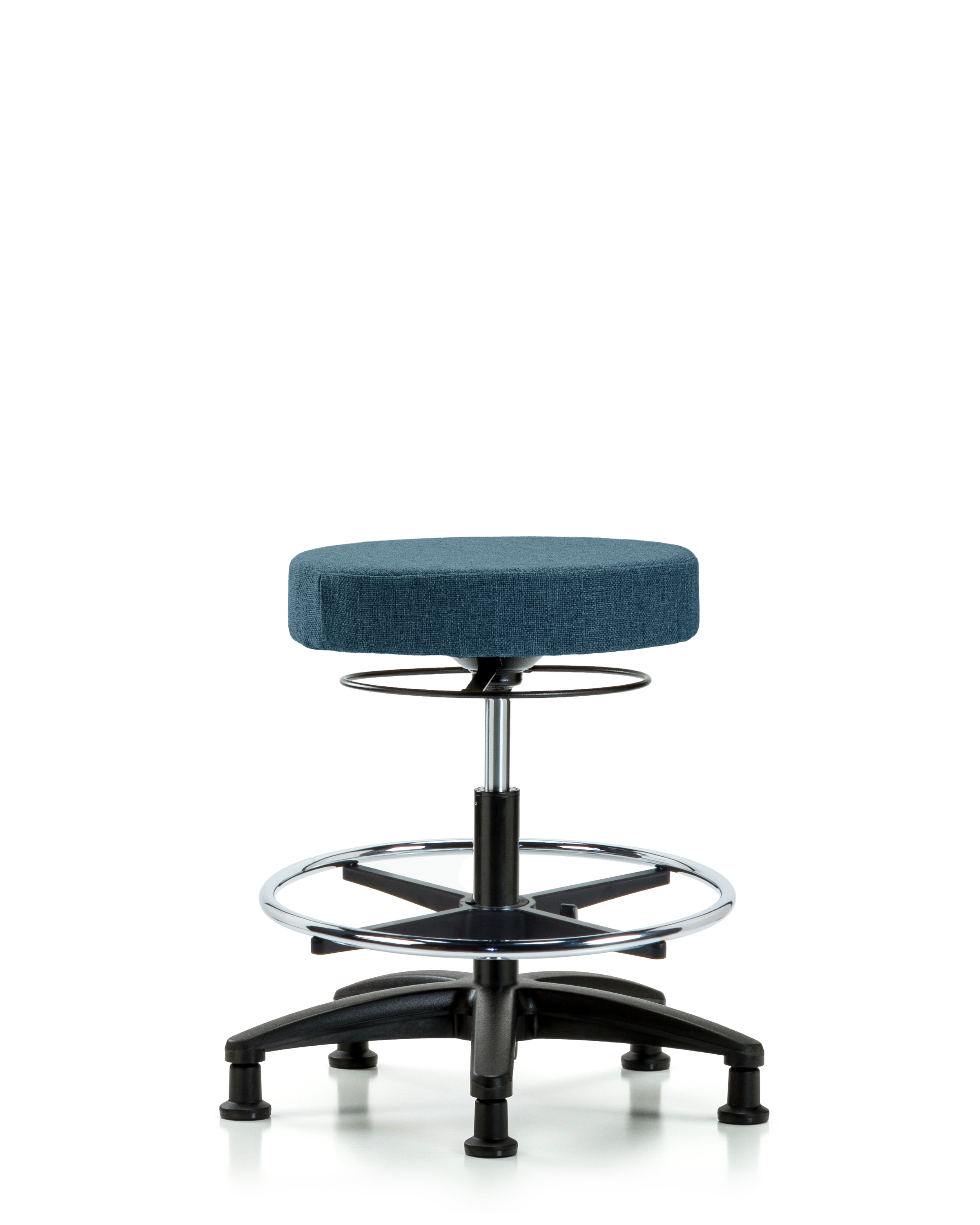 Rutledge Fabric Stool without Back - Medium Bench Height with Chrome Foot Ring & Stationary Glides in Blue Fabric