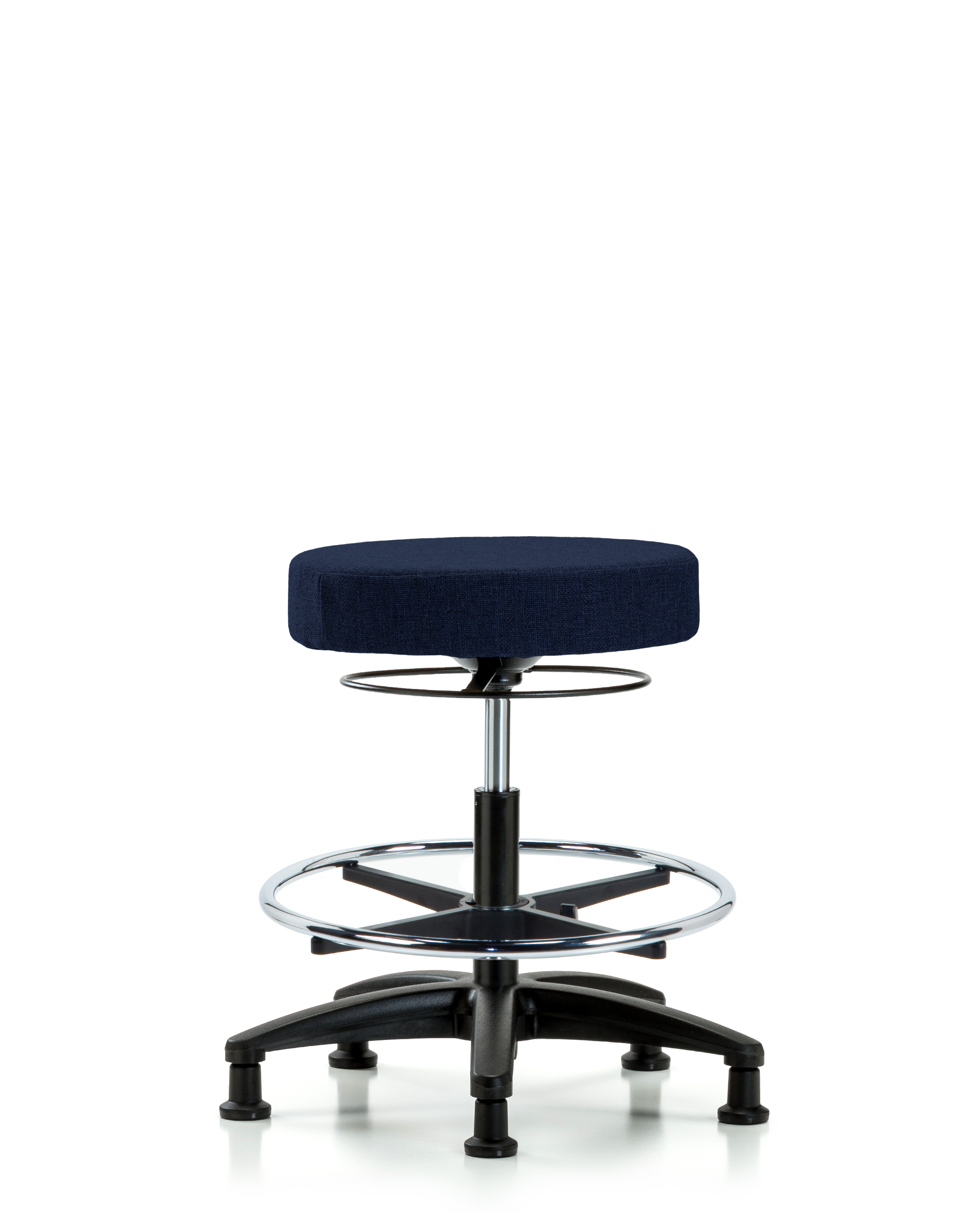 Rutledge Fabric Stool without Back - Medium Bench Height with Chrome Foot Ring & Stationary Glides in Navy Fabric