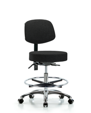 Rutledge Fabric Stool with Back Chrome - Medium Bench Height with Chrome Foot Ring & Casters in Black Fabric