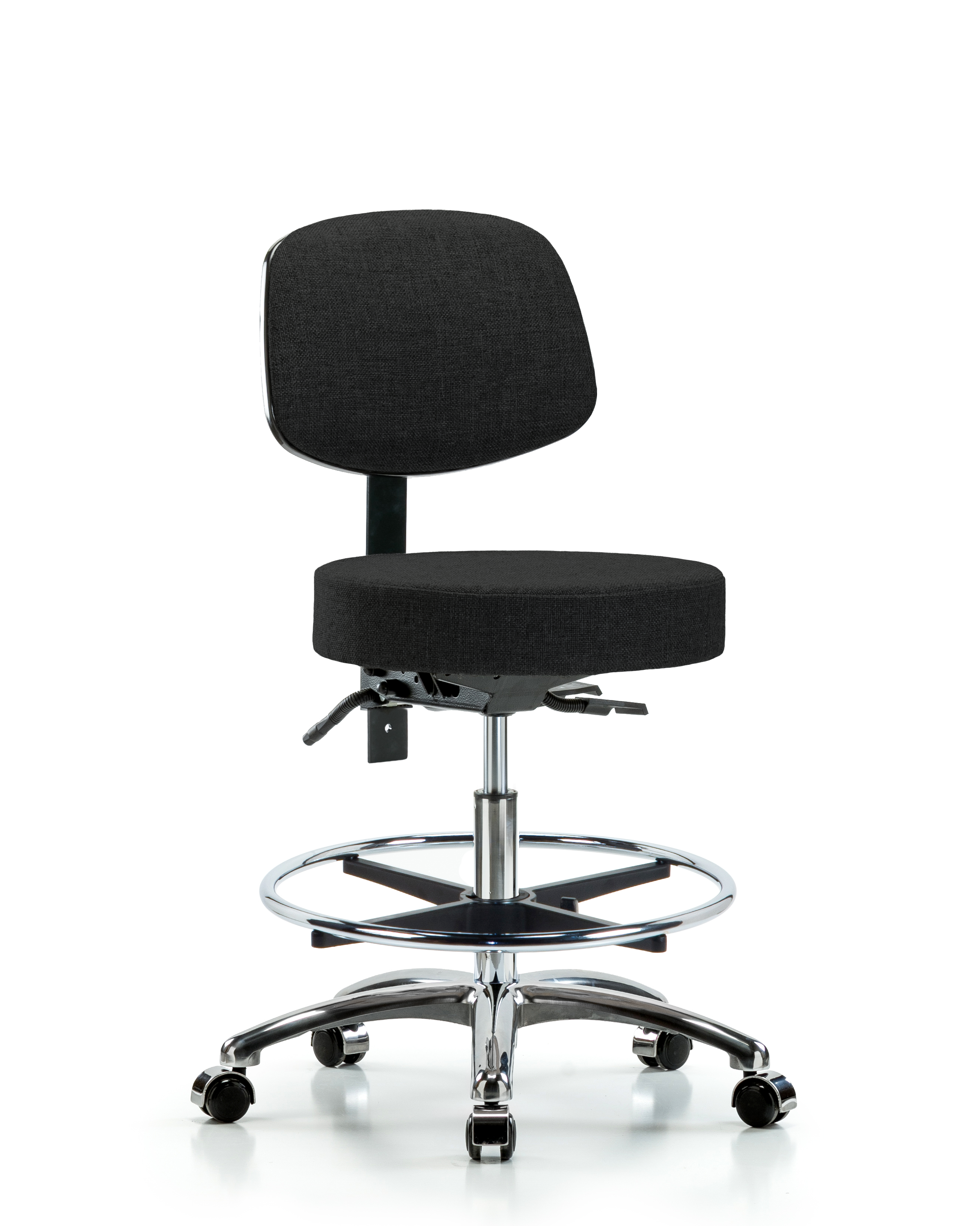 Rutledge Fabric Stool with Back Chrome - Medium Bench Height with Chrome Foot Ring & Casters in Black Fabric