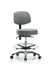 Rutledge Fabric Stool with Back Chrome - Medium Bench Height with Chrome Foot Ring & Casters in Gray Fabric