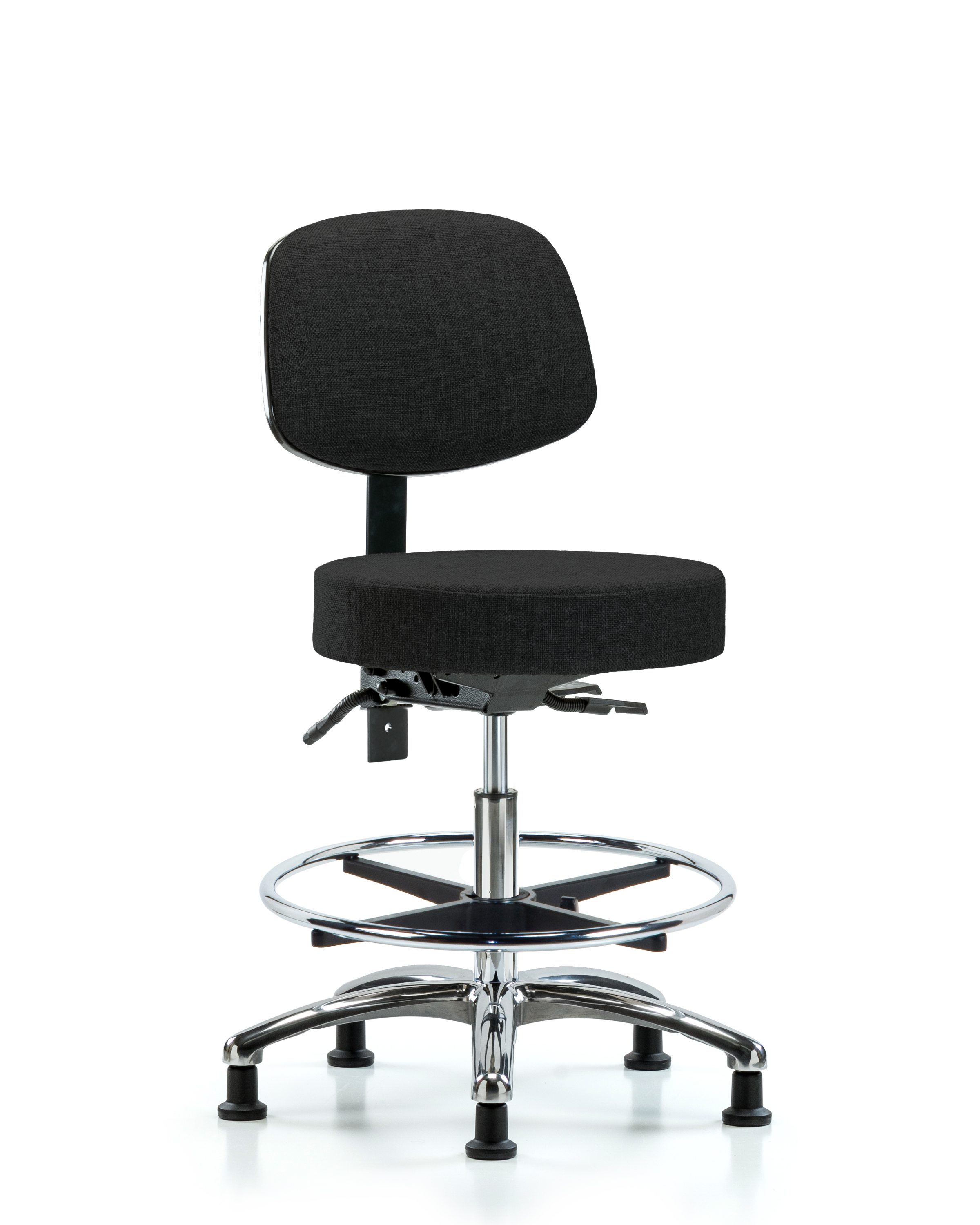 Rutledge Fabric Stool with Back Chrome - Medium Bench Height with Chrome Foot Ring & Stationary Glides in Black Fabric