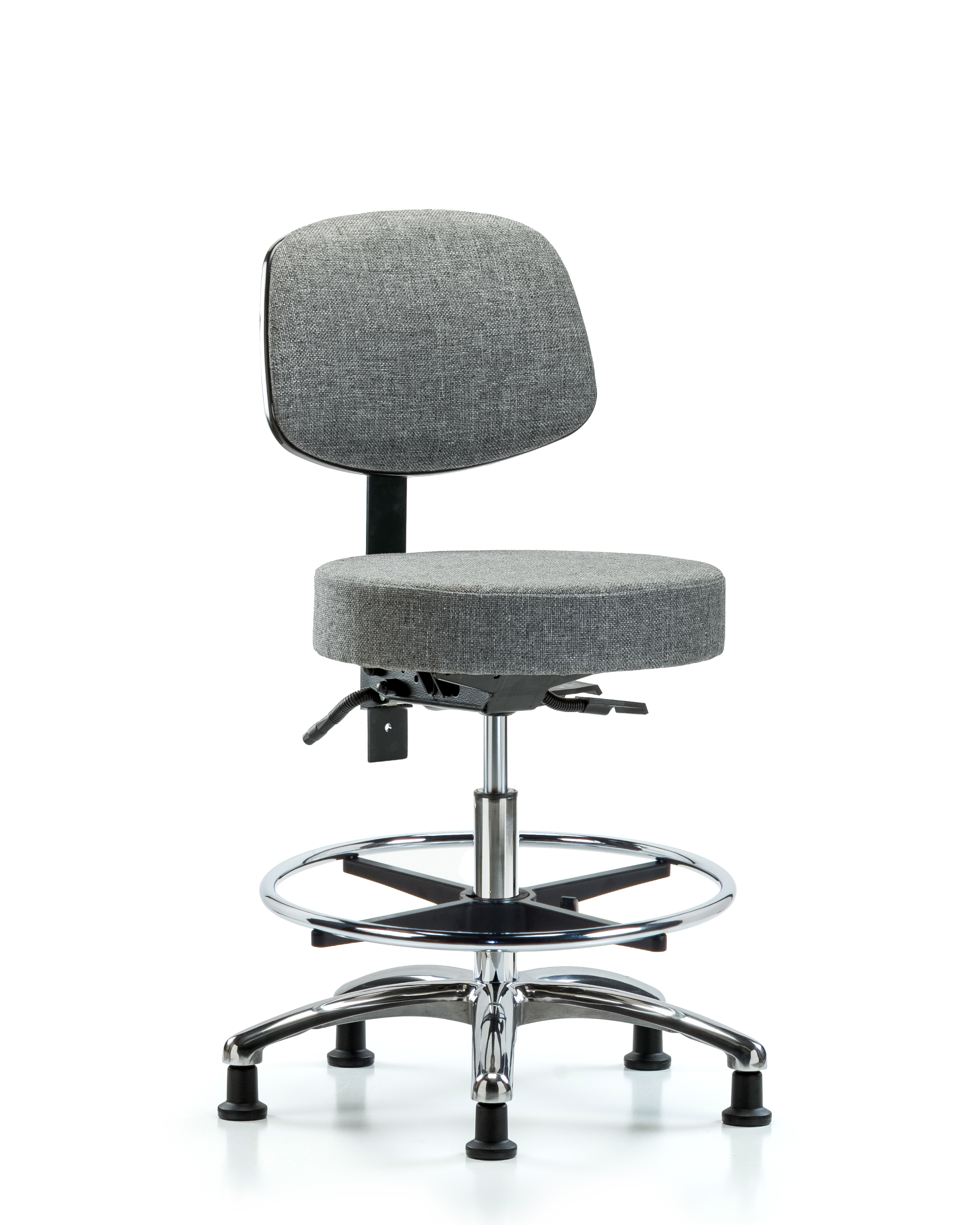 Rutledge Fabric Stool with Back Chrome - Medium Bench Height with Chrome Foot Ring & Stationary Glides in Gray Fabric
