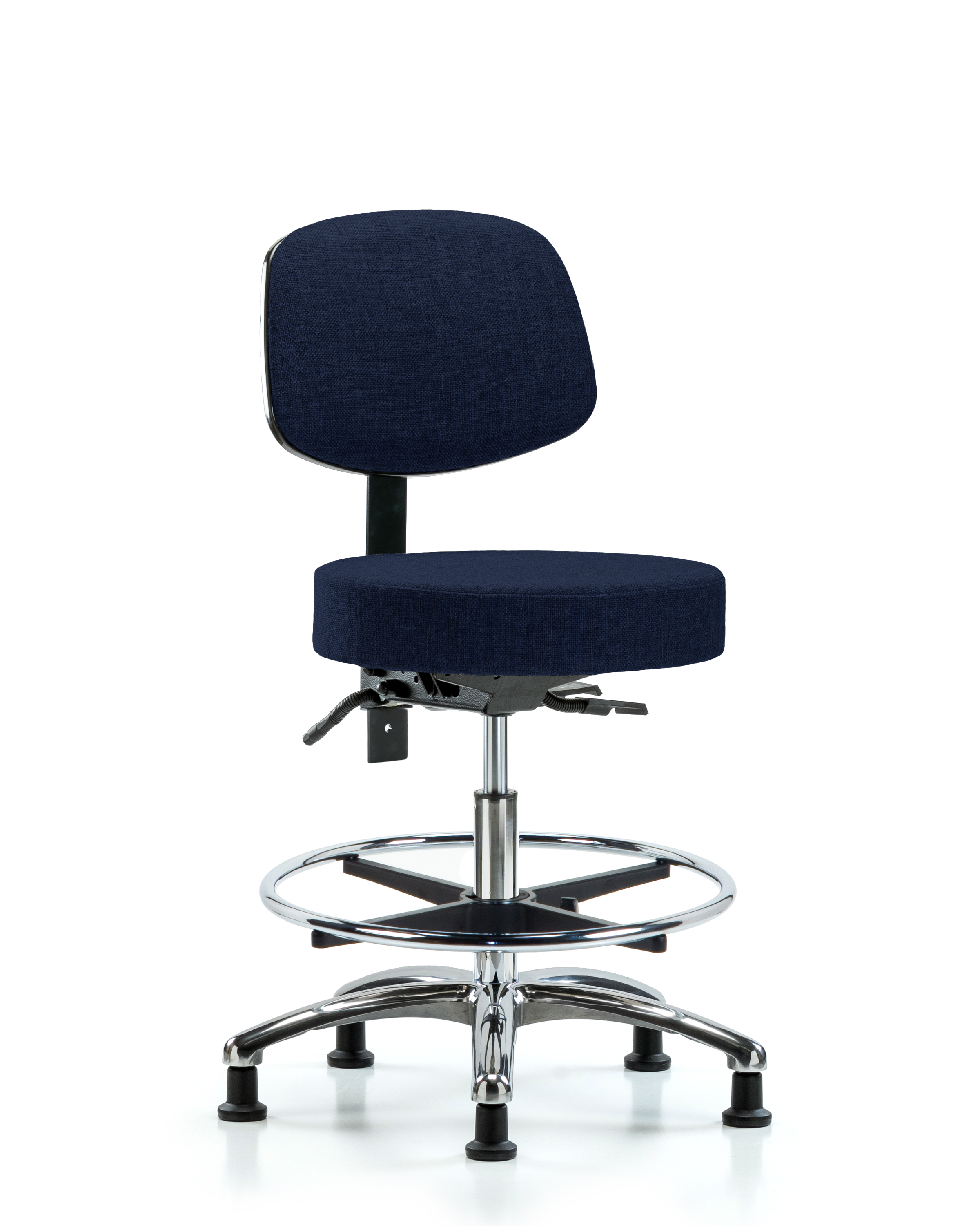 Rutledge Fabric Stool with Back Chrome - Medium Bench Height with Chrome Foot Ring & Stationary Glides in Navy Fabric