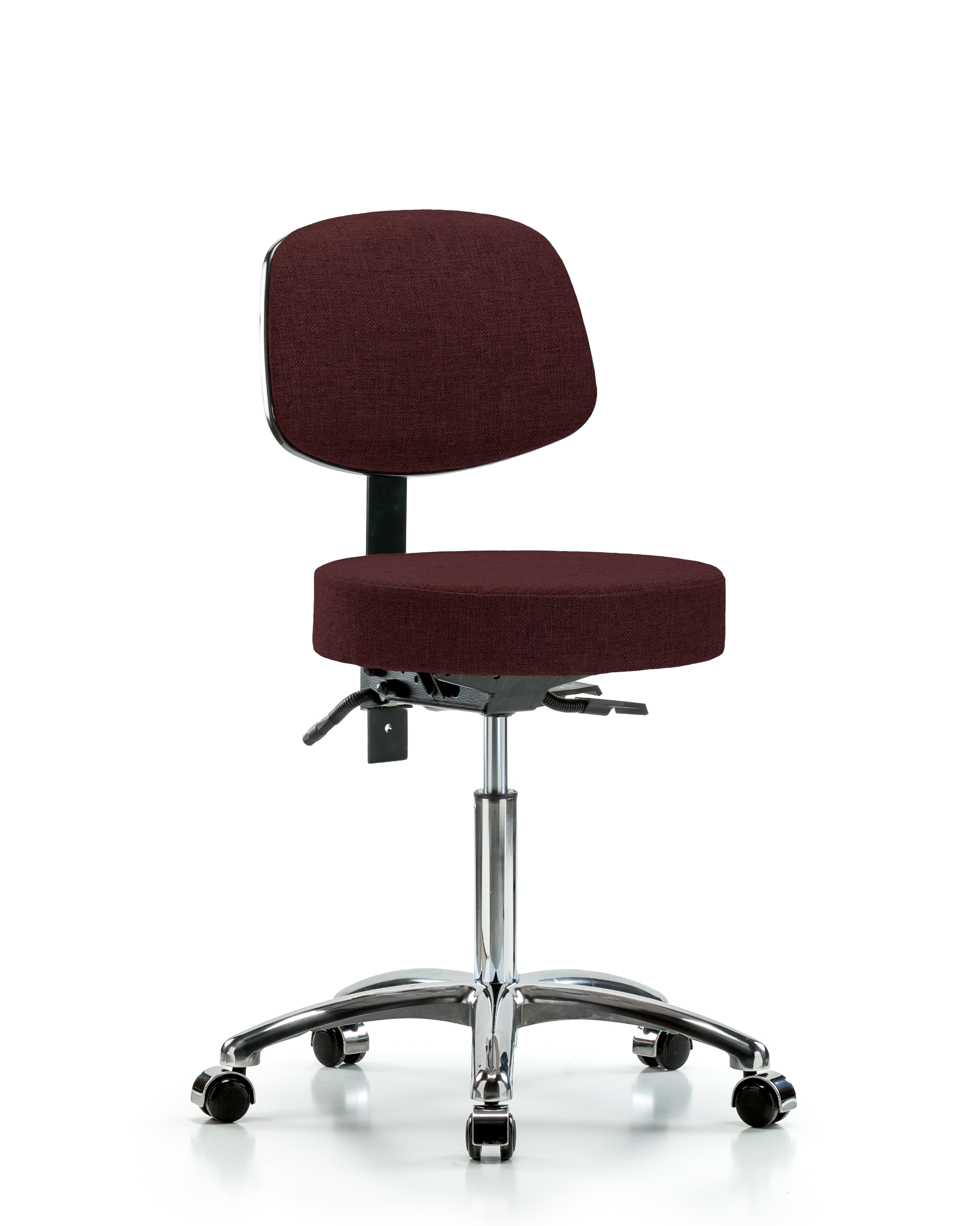 Rutledge Fabric Stool with Back Chrome - Medium Bench Height with Casters in Burgundy Fabric