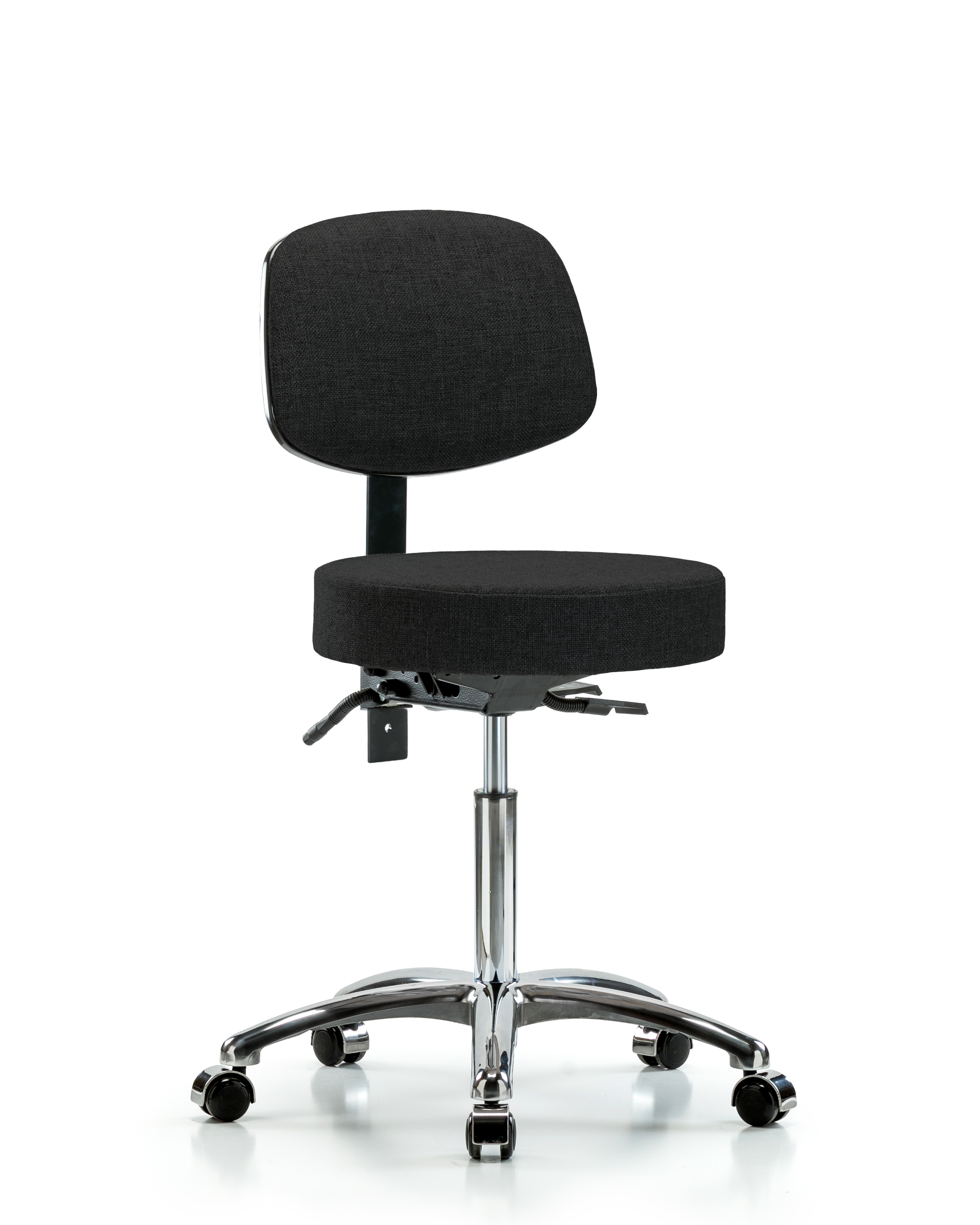 Rutledge Fabric Stool with Back Chrome - Medium Bench Height with Casters in Black Fabric