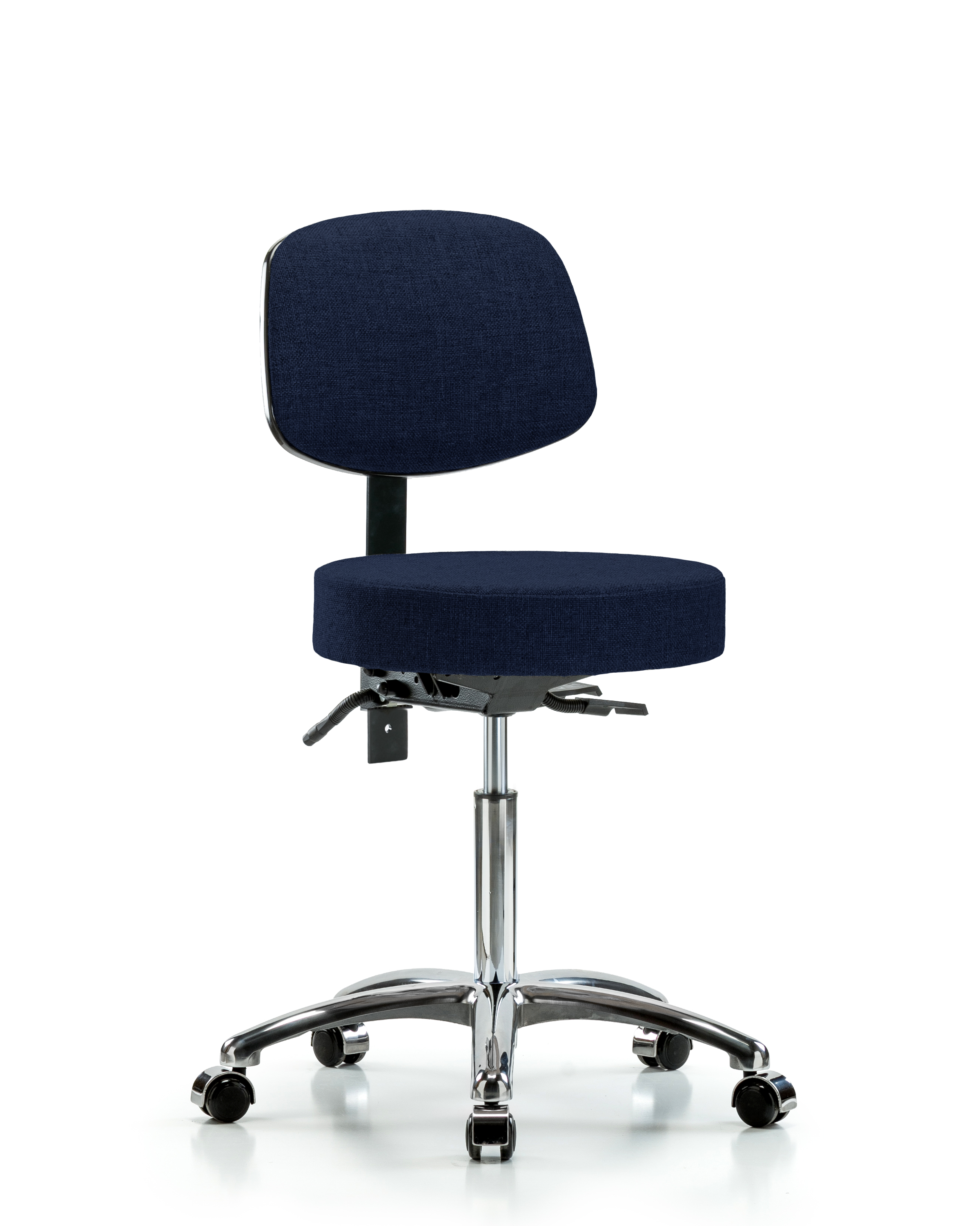 Rutledge Fabric Stool with Back Chrome - Medium Bench Height with Casters in Navy Fabric