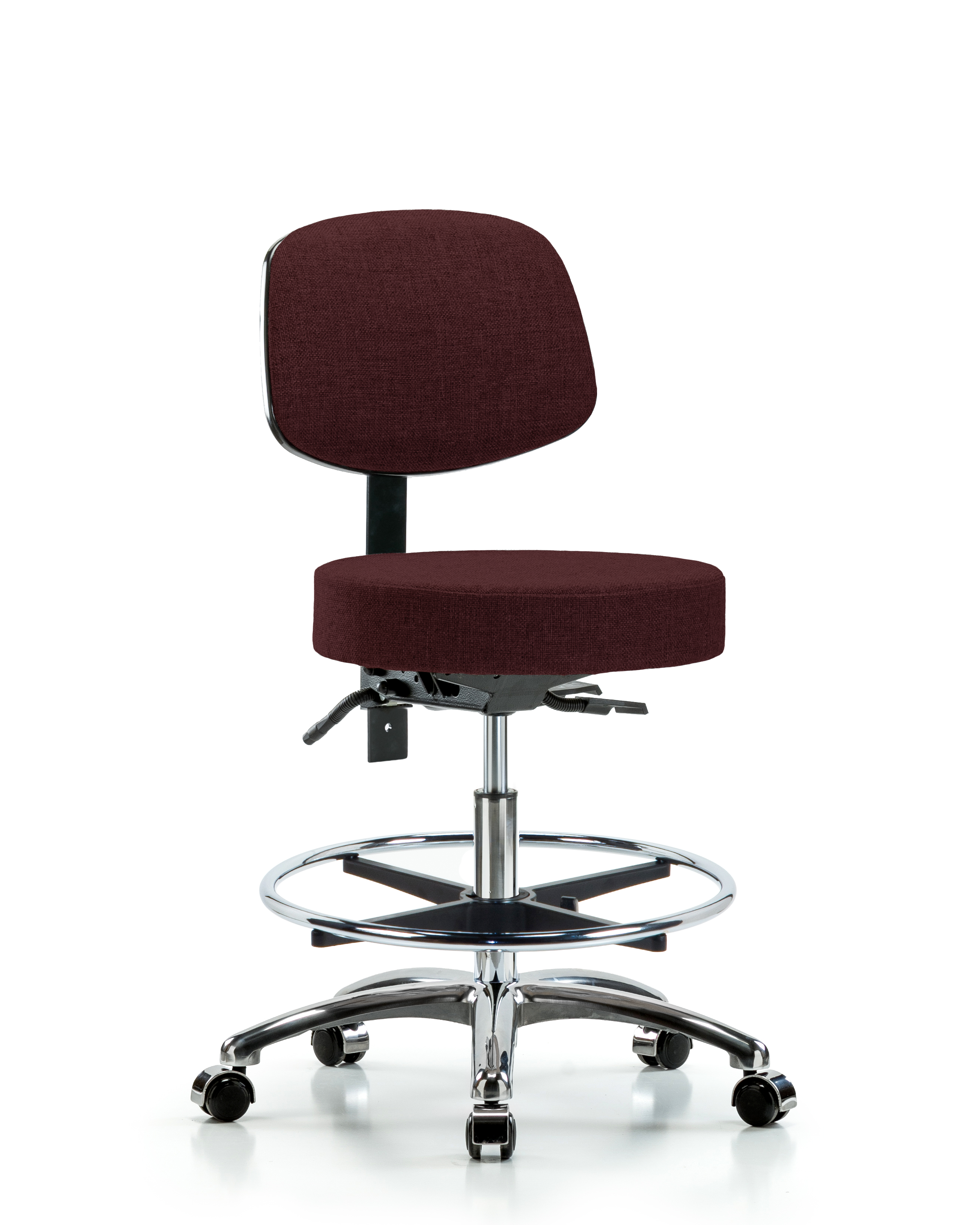 Rutledge Fabric Stool with Back Chrome - Medium Bench Height with Seat Tilt, Chrome Foot Ring, & Casters in Burgundy Fabric