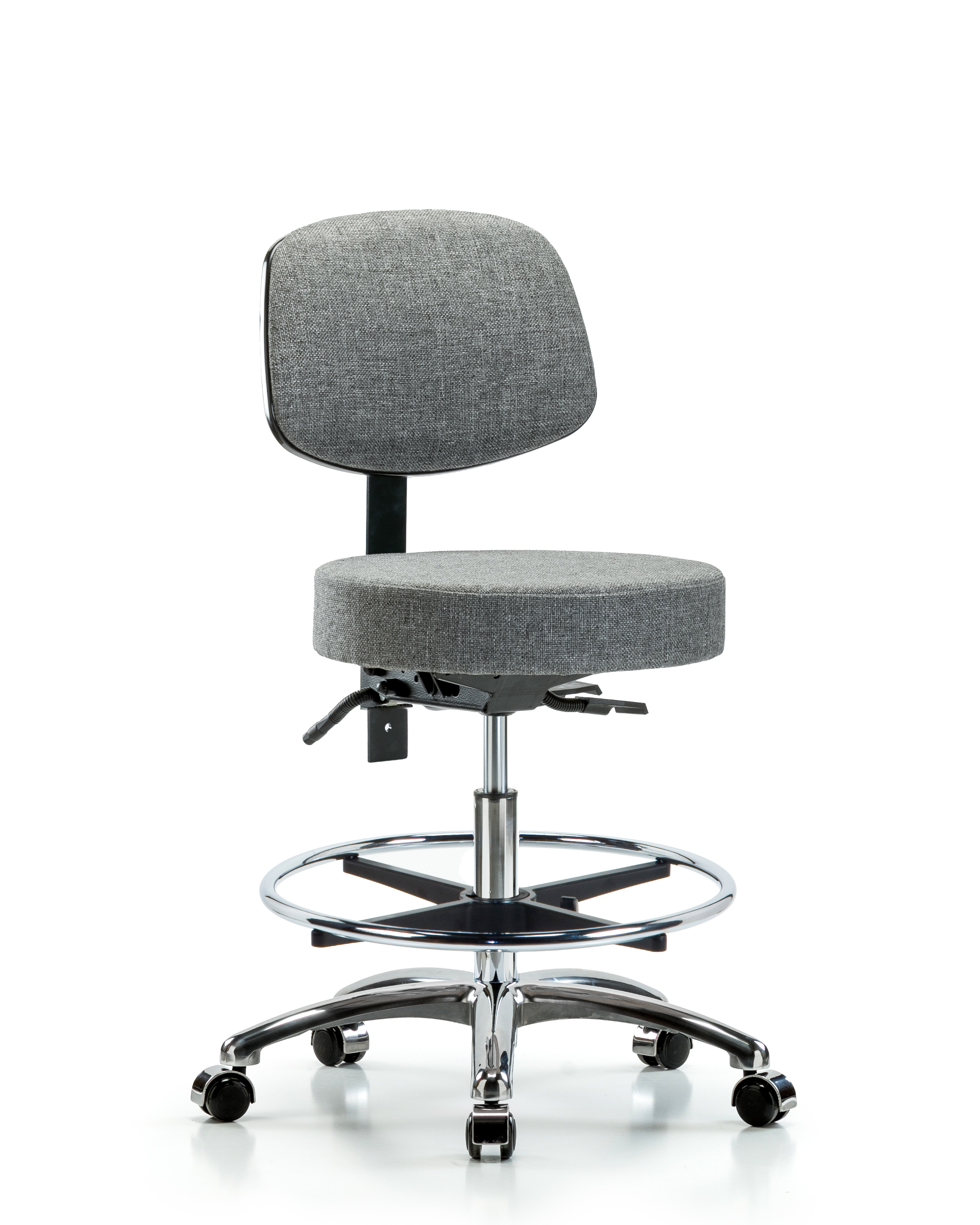 Rutledge Fabric Stool with Back Chrome - Medium Bench Height with Seat Tilt, Chrome Foot Ring, & Casters in Gray Fabric