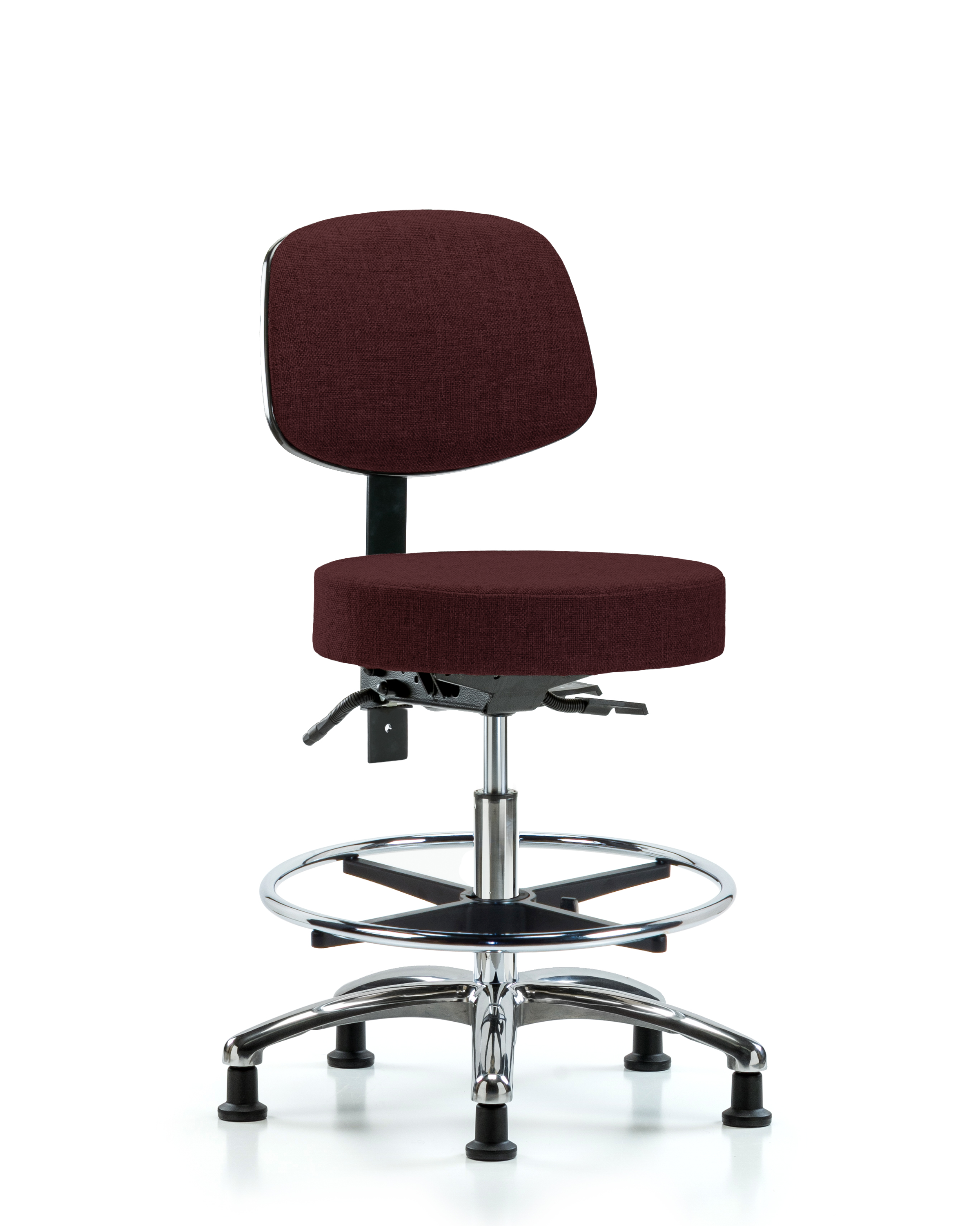 Rutledge Fabric Stool with Back Chrome - Medium Bench Height with Seat Tilt, Chrome Foot Ring, & Stationary Glides in Burgundy Fabric
