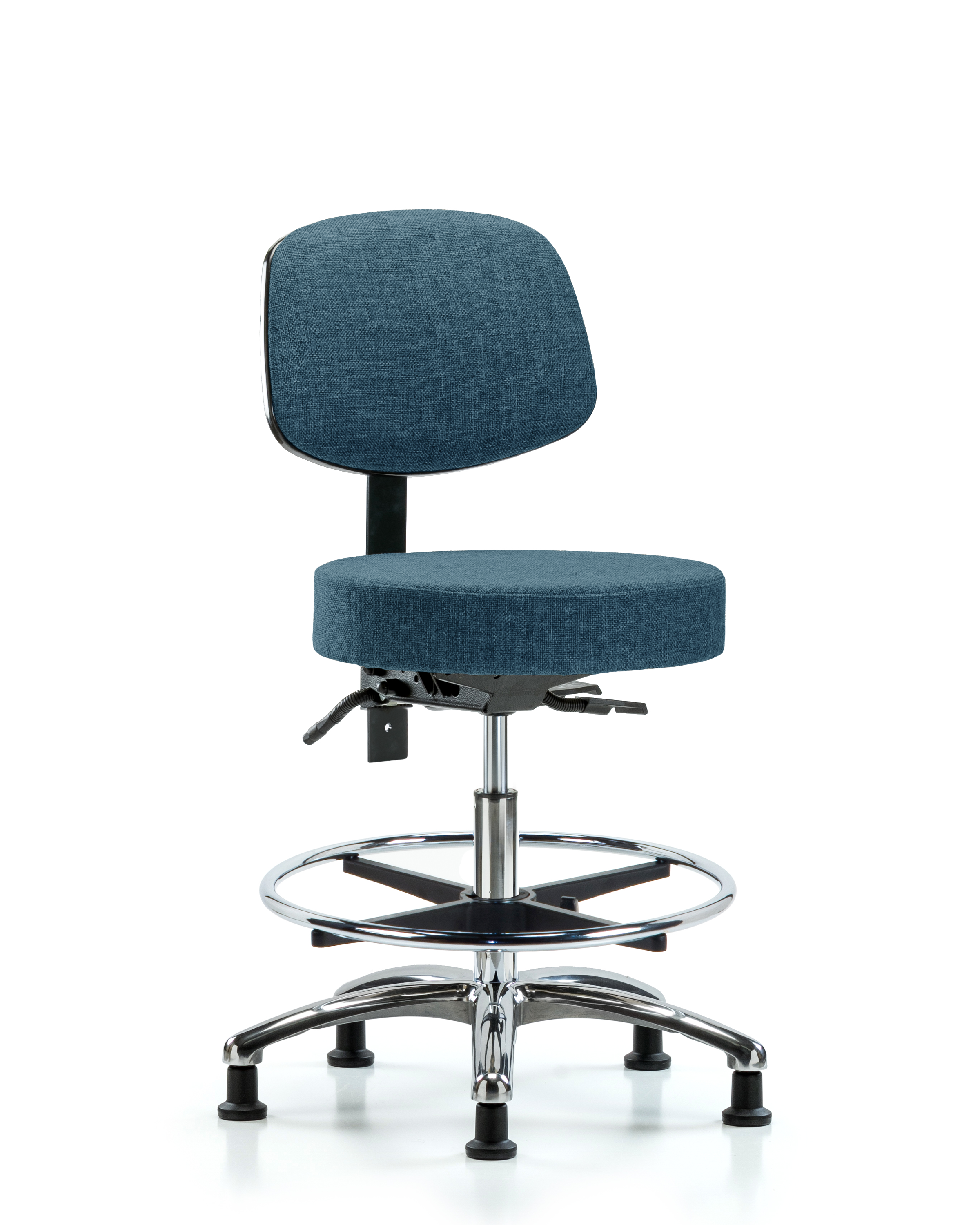 Rutledge Fabric Stool with Back Chrome - Medium Bench Height with Seat Tilt, Chrome Foot Ring, & Stationary Glides in Blue Fabric