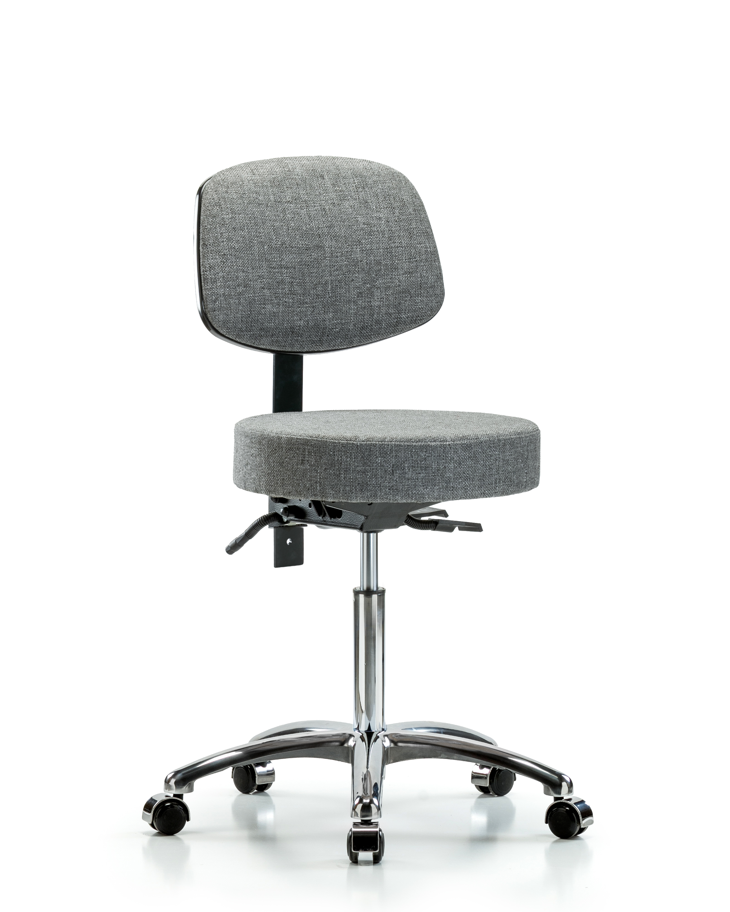 Rutledge Fabric Stool with Back Chrome - Medium Bench Height with Seat Tilt & Casters in Gray Fabric