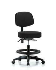 Rutledge Fabric Stool with Back - Medium Bench Height with Black Foot Ring & Casters in Black Fabric