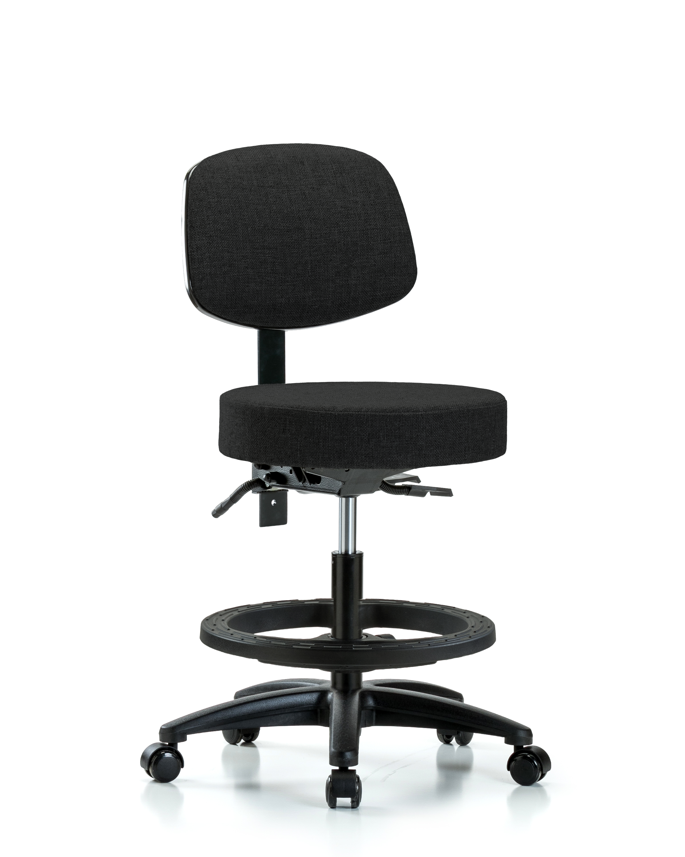 Rutledge Fabric Stool with Back - Medium Bench Height with Black Foot Ring & Casters in Black Fabric