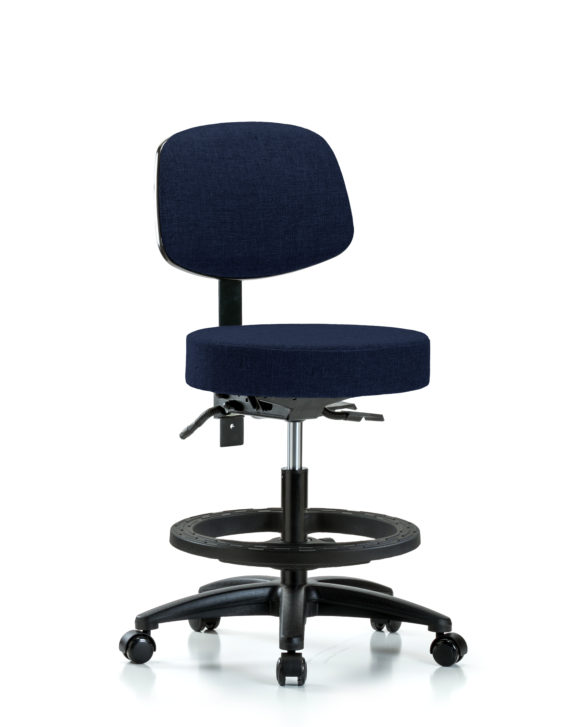 Rutledge Fabric Stool with Back - Medium Bench Height with Black Foot Ring & Casters in Navy Fabric