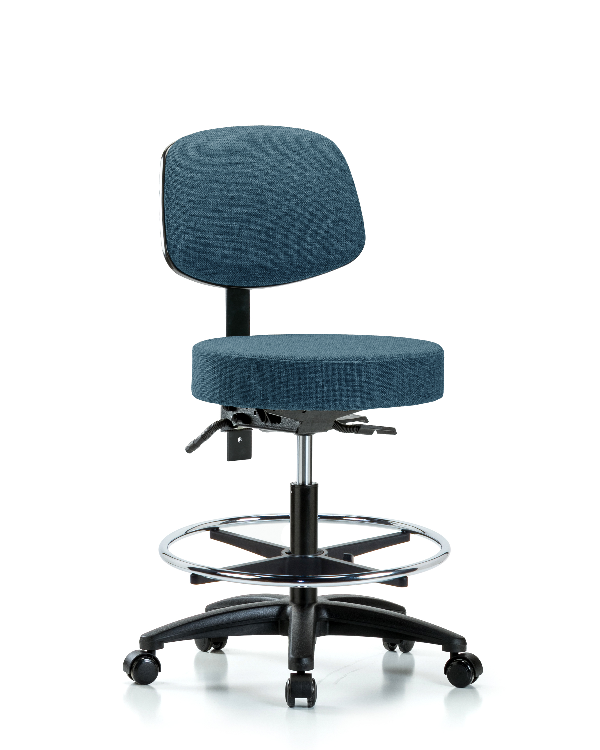 Rutledge Fabric Stool with Back - Medium Bench Height with Chrome Foot Ring & Casters in Blue Fabric
