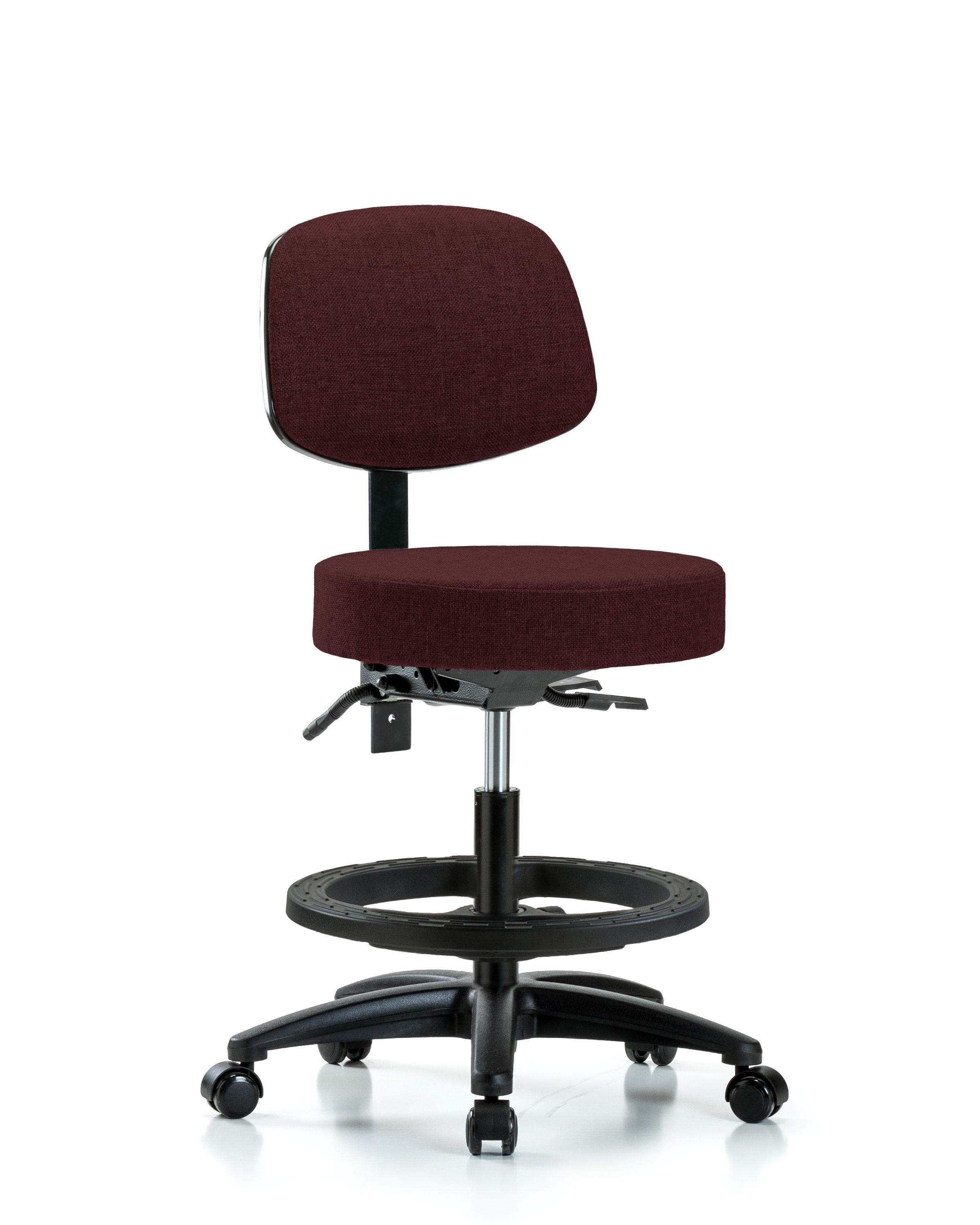 Rutledge Fabric Stool with Back - Medium Bench Height with Seat Tilt, Black Foot Ring, & Casters in Burgundy Fabric