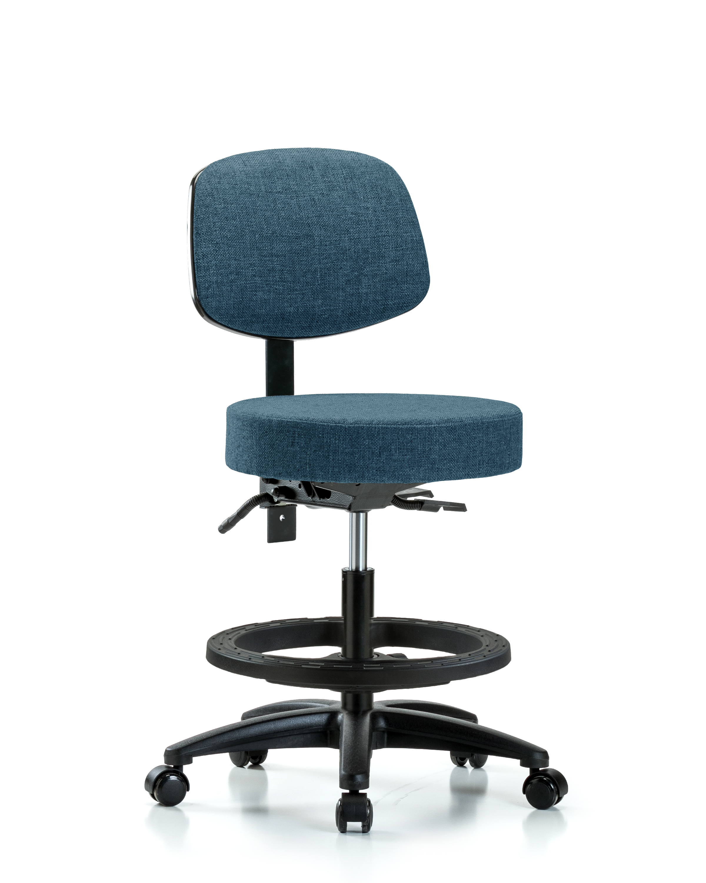 Rutledge Fabric Stool with Back - Medium Bench Height with Seat Tilt, Black Foot Ring, & Casters in Blue Fabric