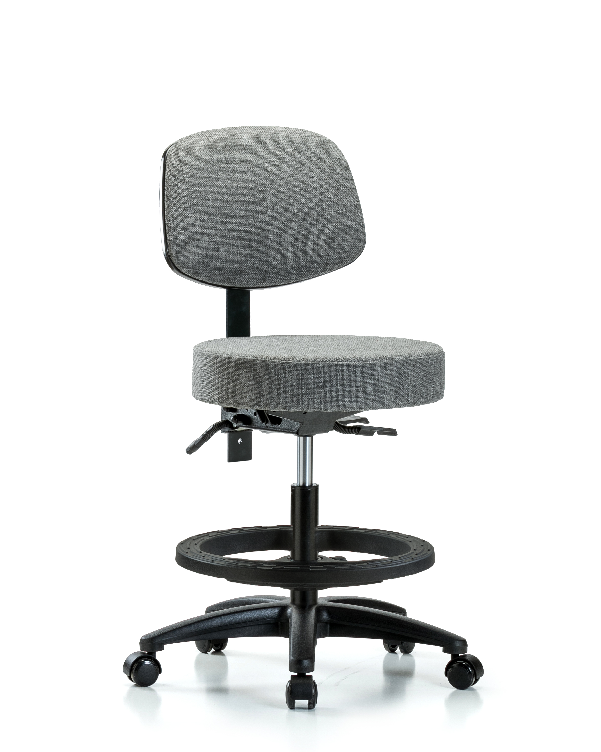 Rutledge Fabric Stool with Back - Medium Bench Height with Seat Tilt, Black Foot Ring, & Casters in Gray Fabric