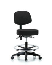 Rutledge Fabric Stool with Back - Medium Bench Height with Seat Tilt, Chrome Foot Ring, & Casters in Black Fabric