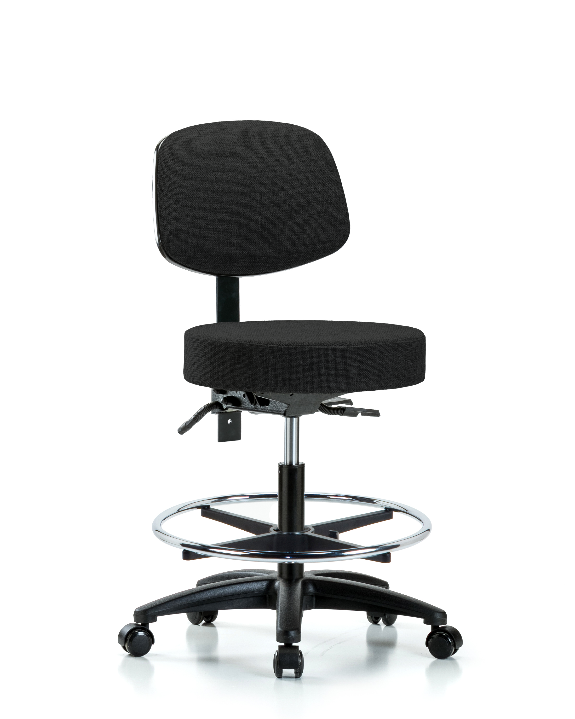 Rutledge Fabric Stool with Back - Medium Bench Height with Seat Tilt, Chrome Foot Ring, & Casters in Black Fabric