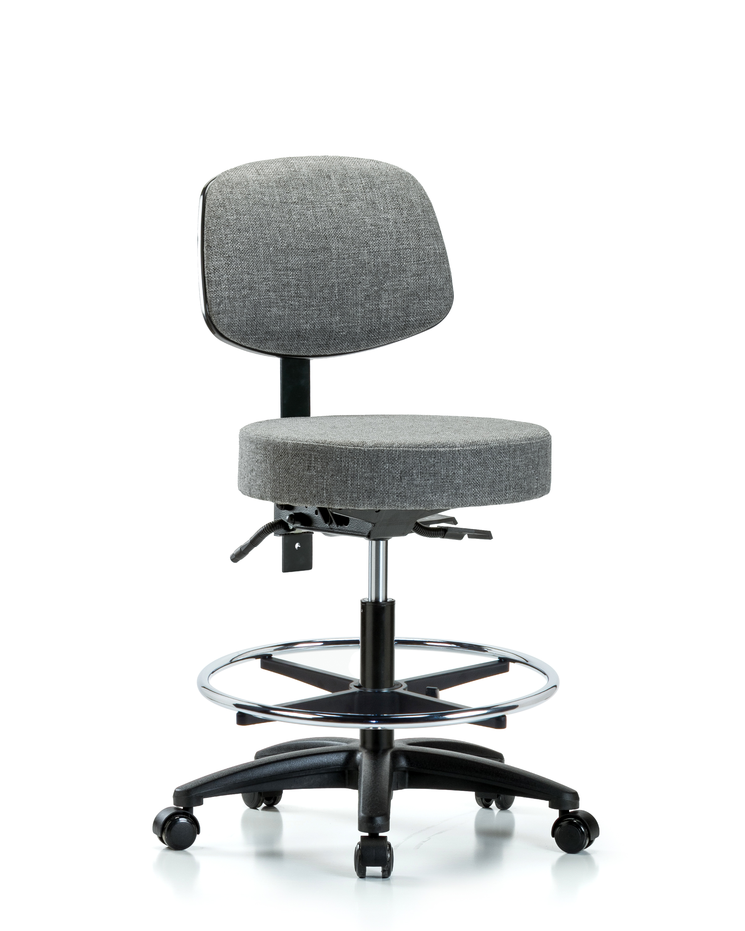Rutledge Fabric Stool with Back - Medium Bench Height with Seat Tilt, Chrome Foot Ring, & Casters in Gray Fabric