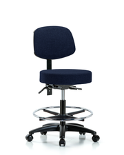 Rutledge Fabric Stool with Back - Medium Bench Height with Seat Tilt, Chrome Foot Ring, & Casters in Navy Fabric