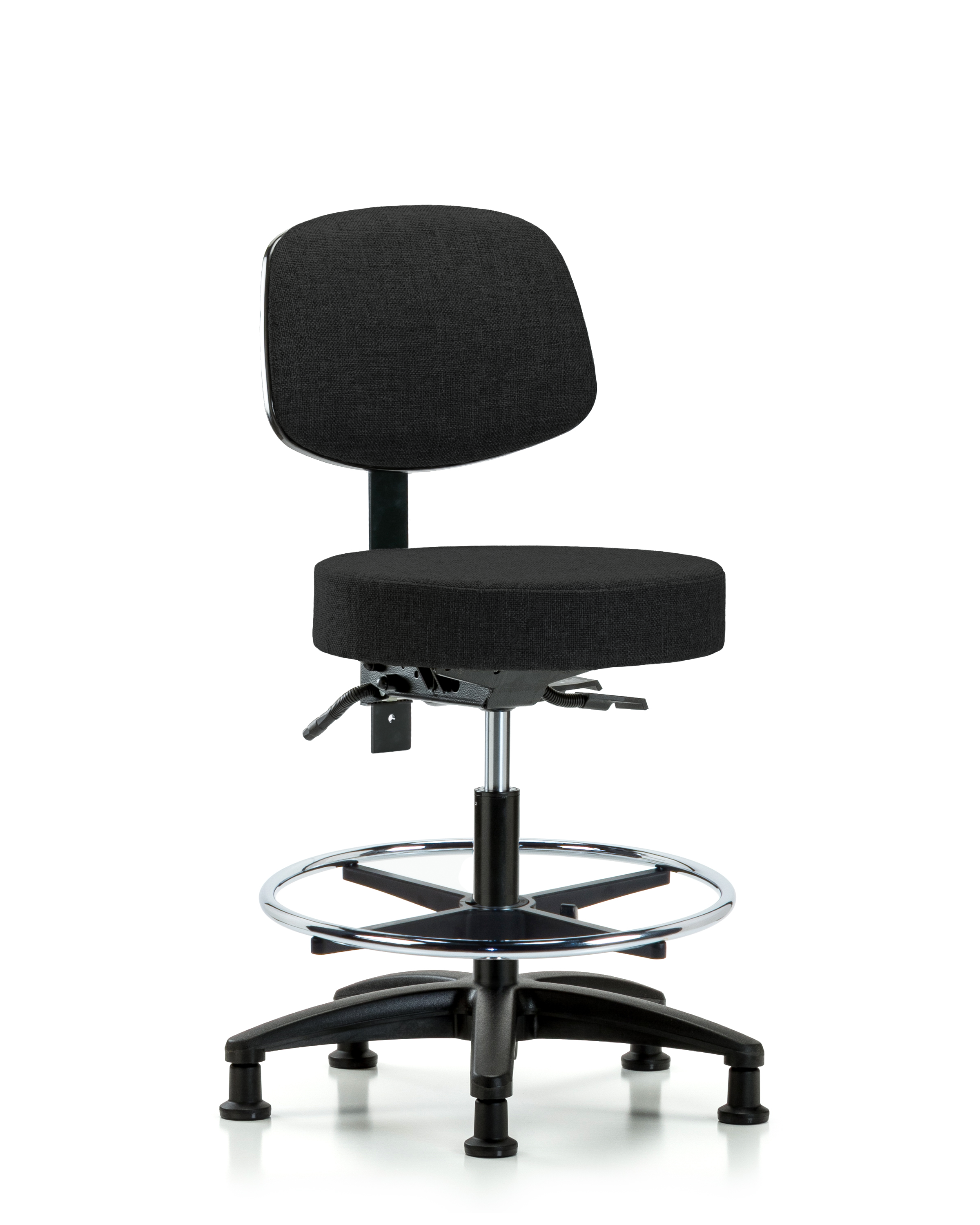 Rutledge Fabric Stool with Back - Medium Bench Height with Seat Tilt, Chrome Foot Ring, & Stationary Glides in Black Fabric